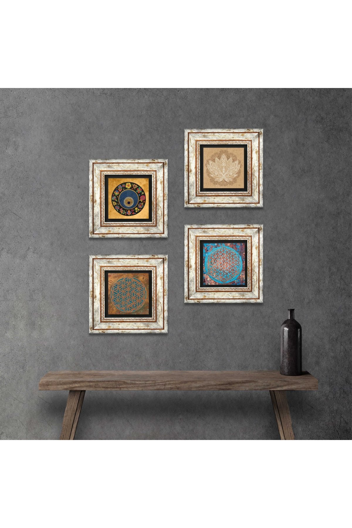 Yaşam Çiçeği, Lotus Çiçeği, Nazar Taş Duvar Tablosu Çerçeveli Duvar Dekoru 4 Parça Tablo Seti Wall Art