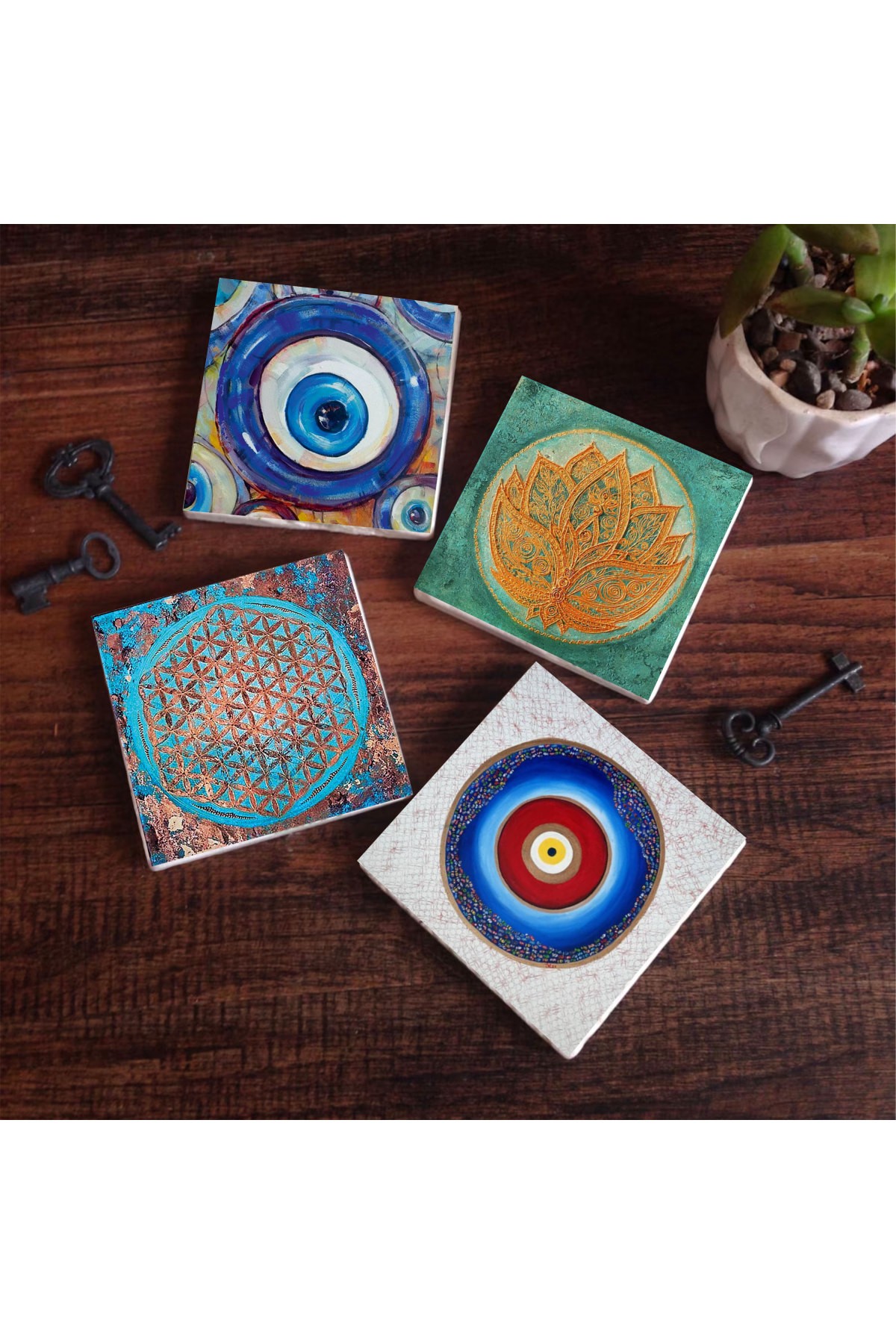 Nazar, Yaşam Çiçeği, Lotus Çiçeği Taş Bardak Altlığı Masaüstü Koruyucu Altlık 4 Parça Set 10x10cm Stone Coasters