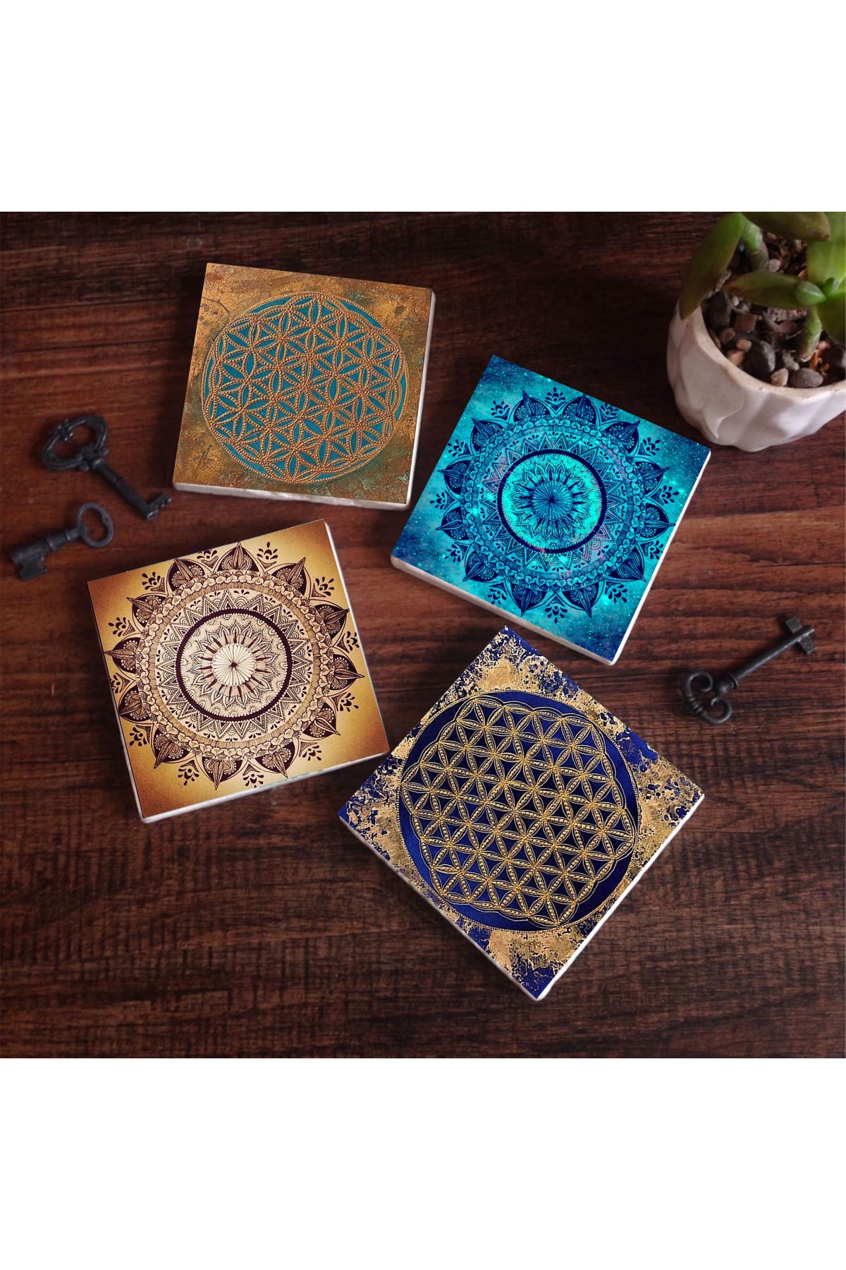 Mandala, Flower of Life Stone Coasters Desktop Protective Coasters 4 Piece Set 10x10cm Stone Coasters