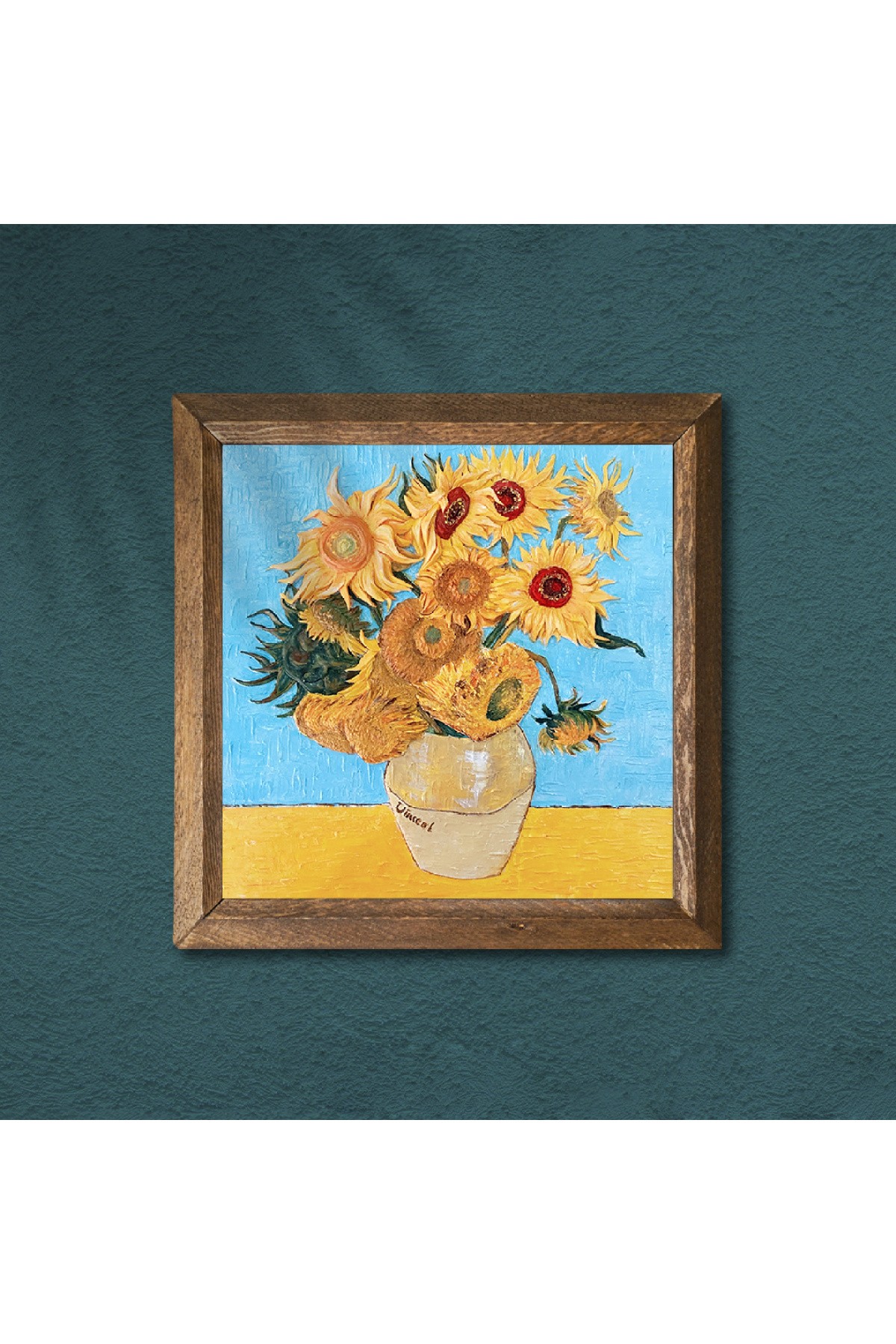 Vincent van Gogh On İki Ayçiçekli Vazo Taş Duvar Tablosu Ahşap Çerçeveli Duvar Dekoru Wall Art 25x25cm