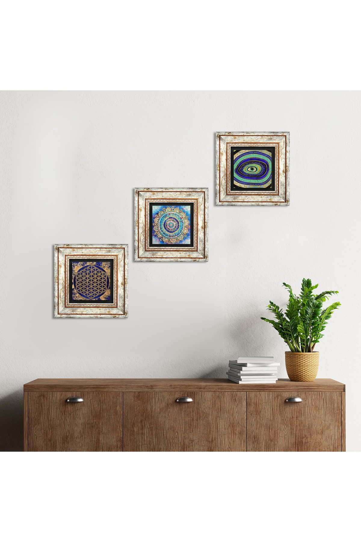 Mandala, Nazar, Yaşam Çiçeği Taş Duvar Tablosu Çerçeveli Duvar Dekoru 3 Parça Tablo Seti Wall Art