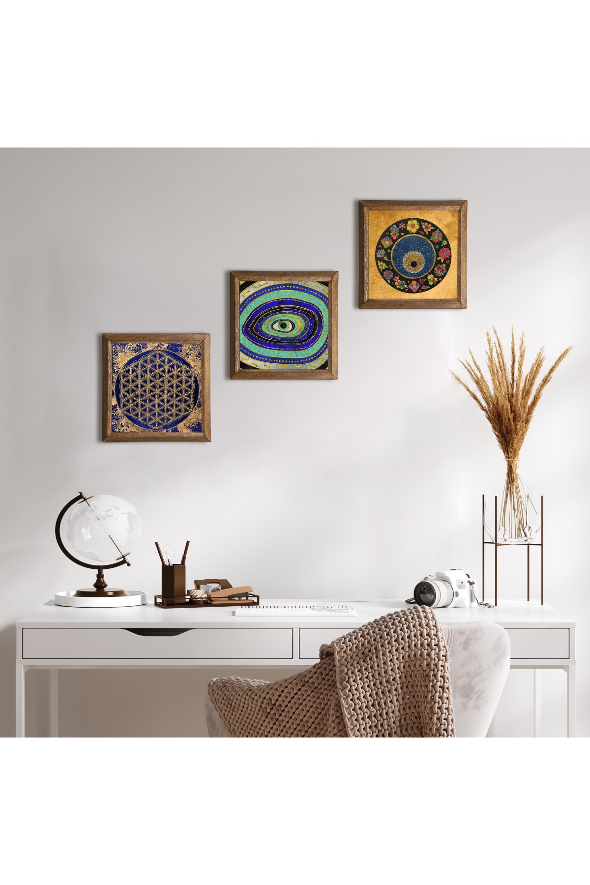 Evil Eye, Flower of Life Stone Wall Painting Wooden Framed Wall Decor 3 Piece Painting Set Wall Art