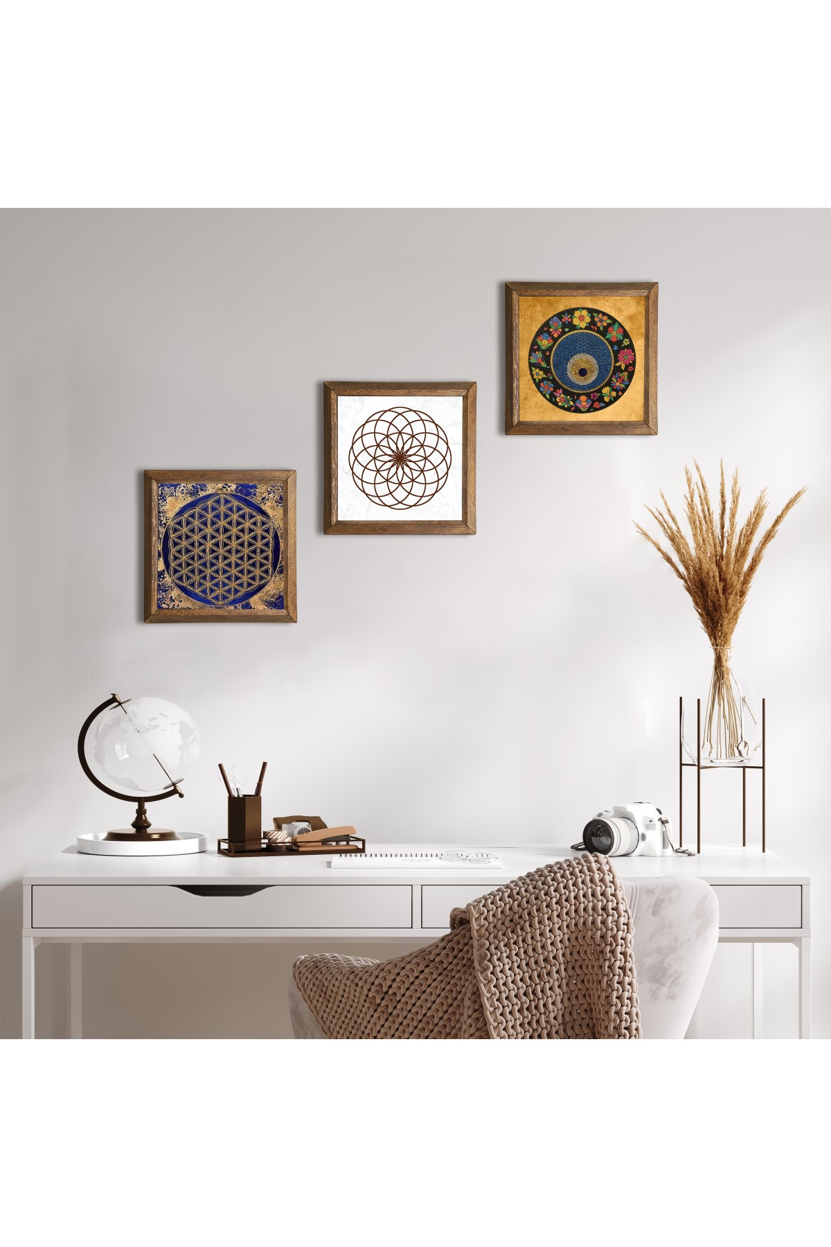 Yaşam Çiçeği, Nazar Boncuğu Taş Duvar Tablosu Ahşap Çerçeveli Duvar Dekoru 3 Parça Tablo Seti Wall Art