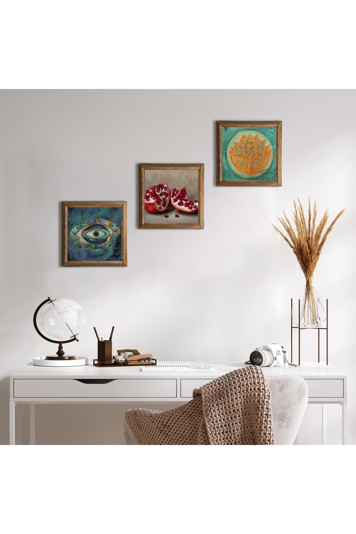 Nazar, Lotus Çiçeği, Nar Taş Duvar Tablosu Ahşap Çerçeveli Duvar Dekoru 3 Parça Tablo Seti Wall Art