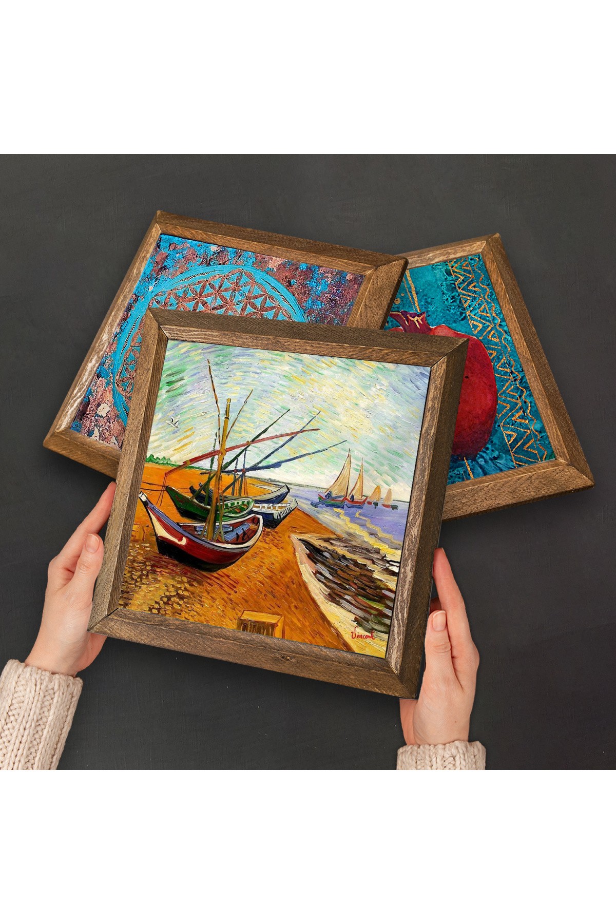 Van Gogh Stone Wall Painting Wooden Framed Wall Decor 3 Piece Painting Set Wall Art