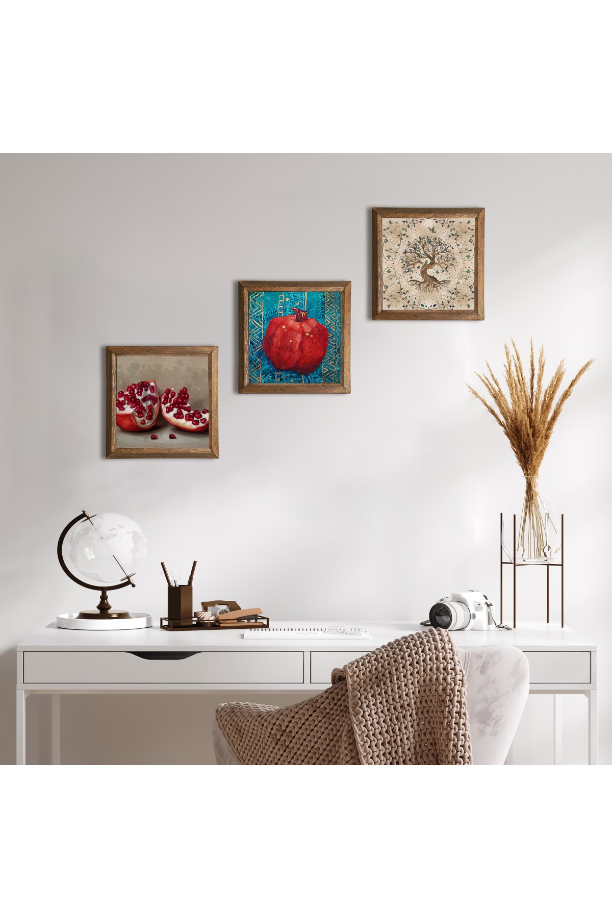 Hayat Ağacı, Nar Taş Duvar Tablosu Ahşap Çerçeveli Duvar Dekoru 3 Parça Tablo Seti Wall Art