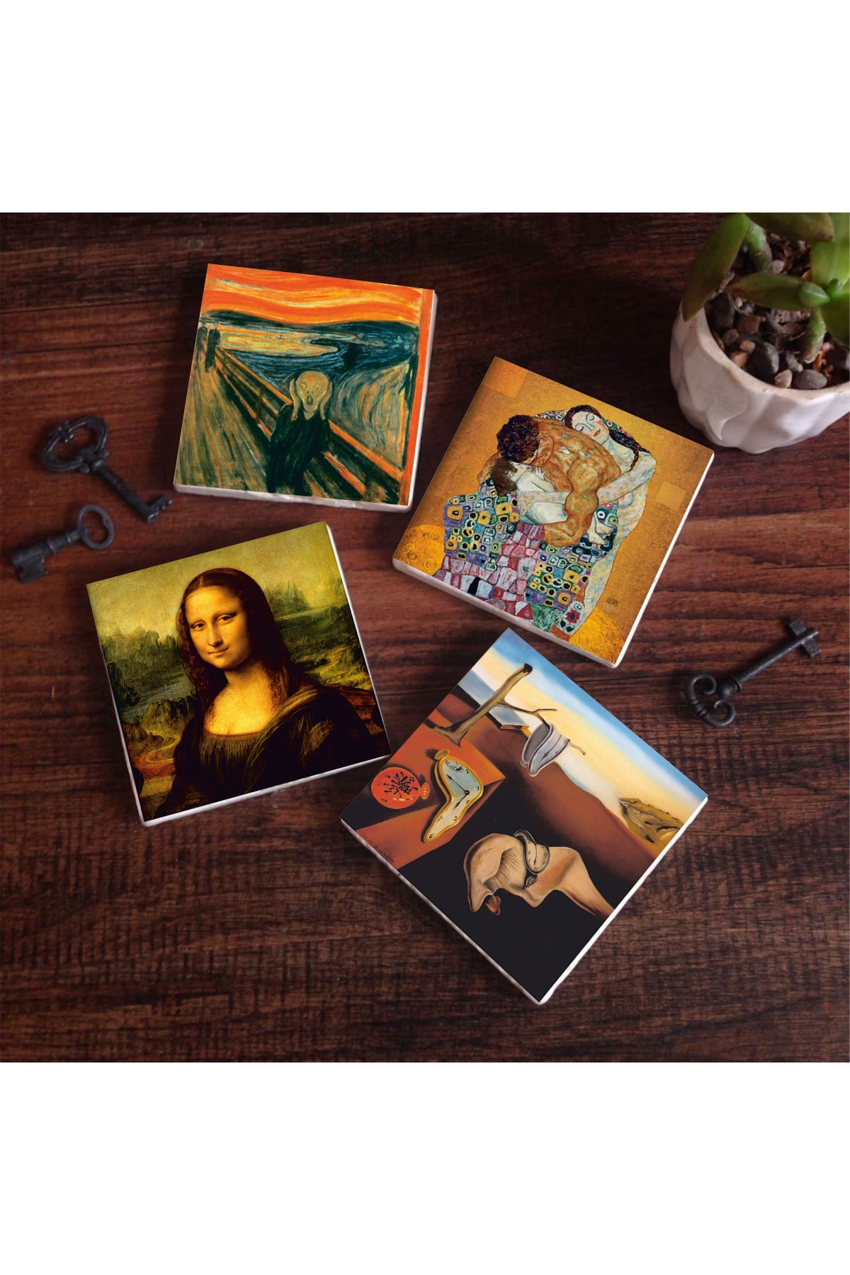 Dalí The Persistence of Memory, The Scream, Gustav Klimt Family Embrace, Da Vinci Mona Lisa Stone Coasters Desktop Protective Coasters 4 Piece Set 10x10cm Stone Coasters