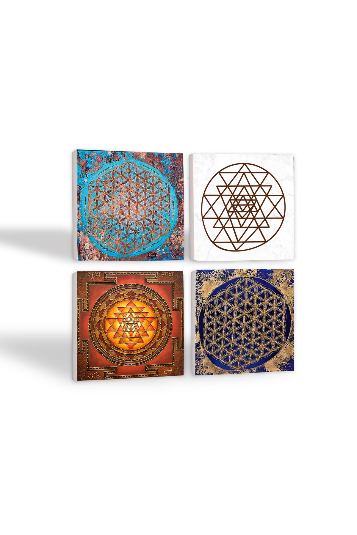 Flower of Life, Sri Yantra Stone Coasters Desktop Protective Coasters 4 Piece Set 10x10cm Stone Coasters