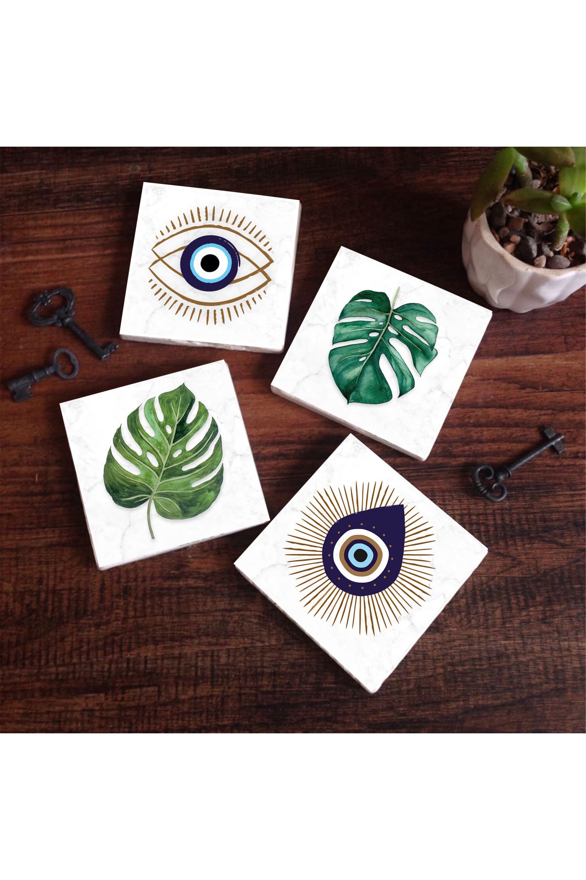 Evil Eye, Leaf Stone Coasters Desktop Protective Coasters 4 Piece Set 10x10cm Stone Coasters