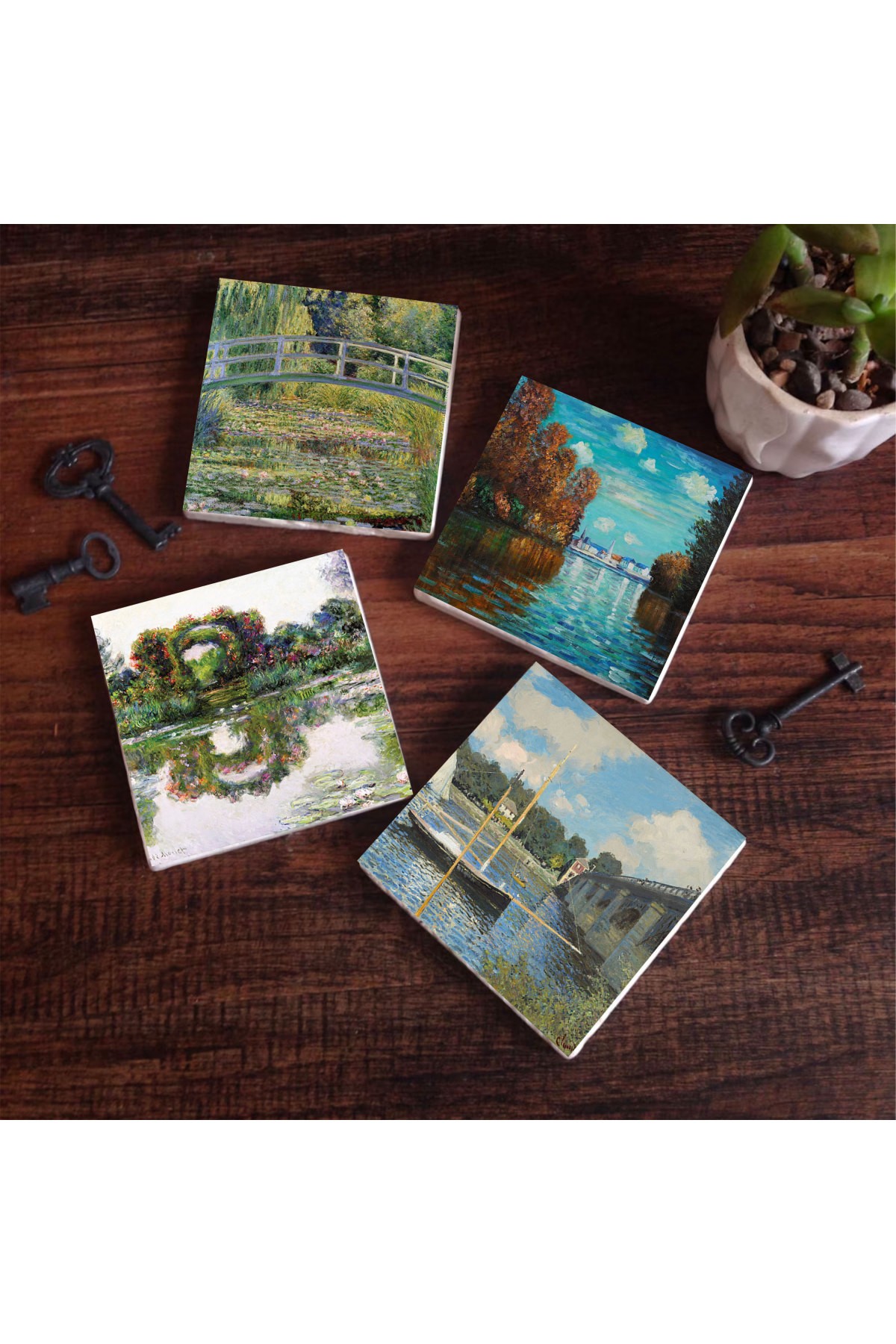 Claude Monet Sonbahar, Gül Çiçekli Kemer, Argenteuil'de Köprü, Nilüfer Gölü Taş Bardak Altlığı Masaüstü Koruyucu Altlık 4 Parça Set 10x10cm Stone Coasters