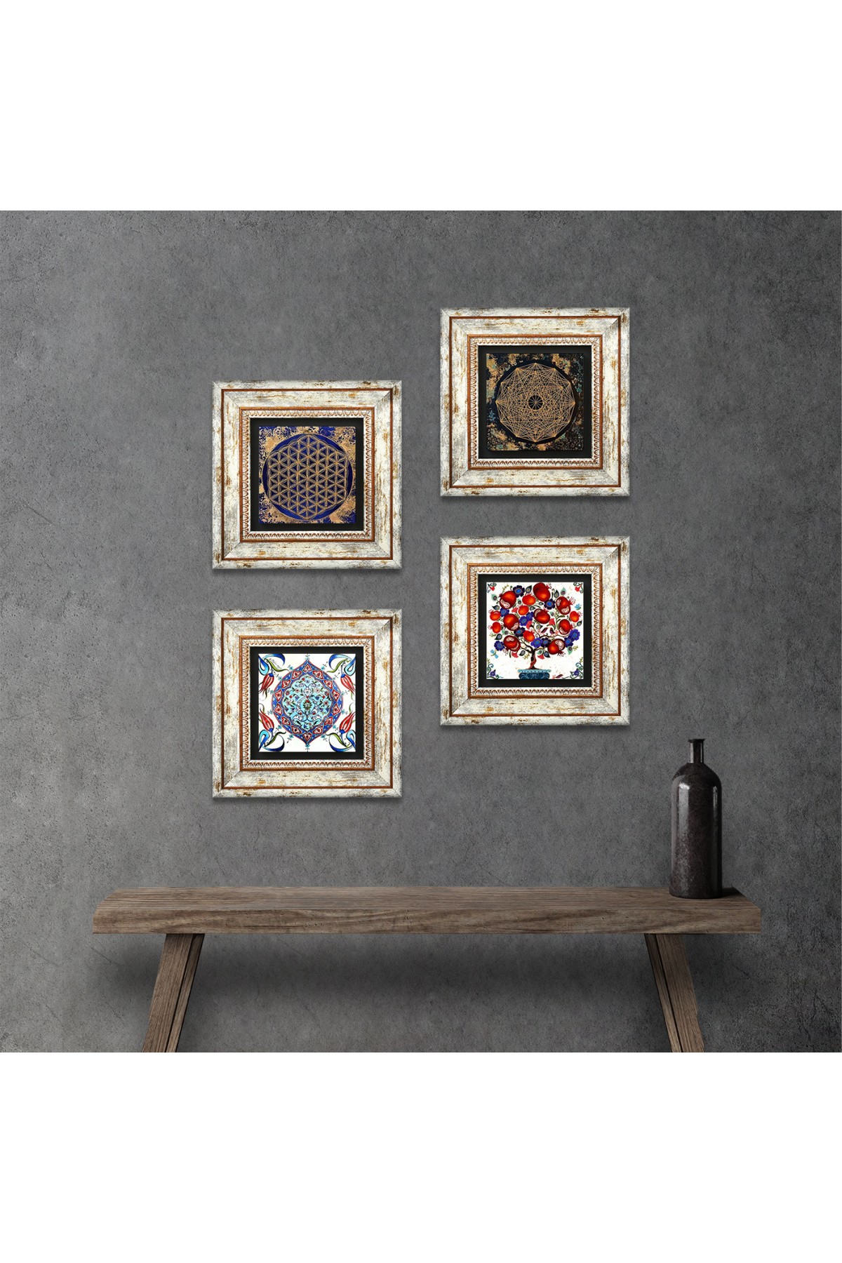 Sri Yantra, Yaşam Çiçeği, Çini Sanatı, Nar Ağacı Taş Duvar Tablosu Çerçeveli Duvar Dekoru 4 Parça Tablo Seti Wall Art