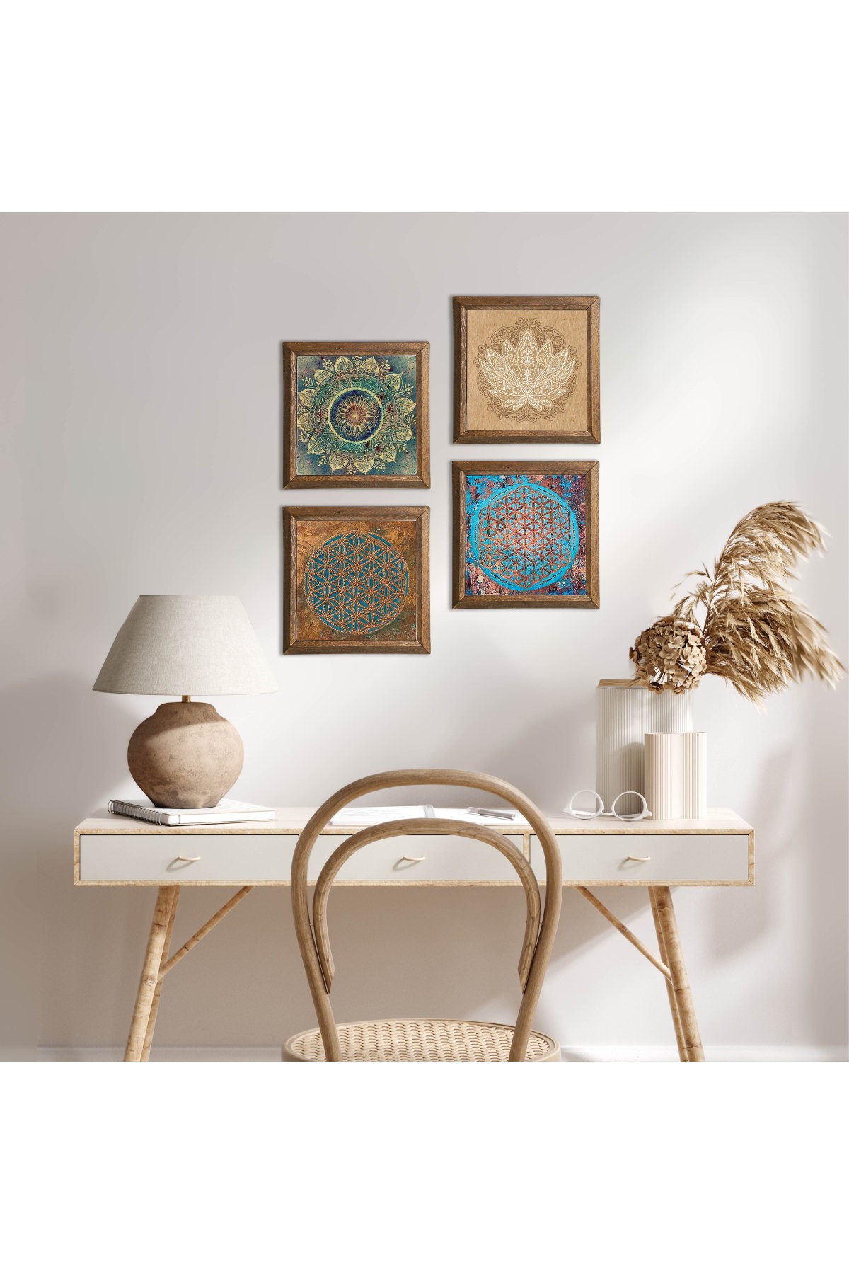 Mandala, Yaşam Çiçeği, Lotus Çiçeği Taş Duvar Tablosu Ahşap Çerçeveli Duvar Dekoru 4 Parça Tablo Seti Wall Art