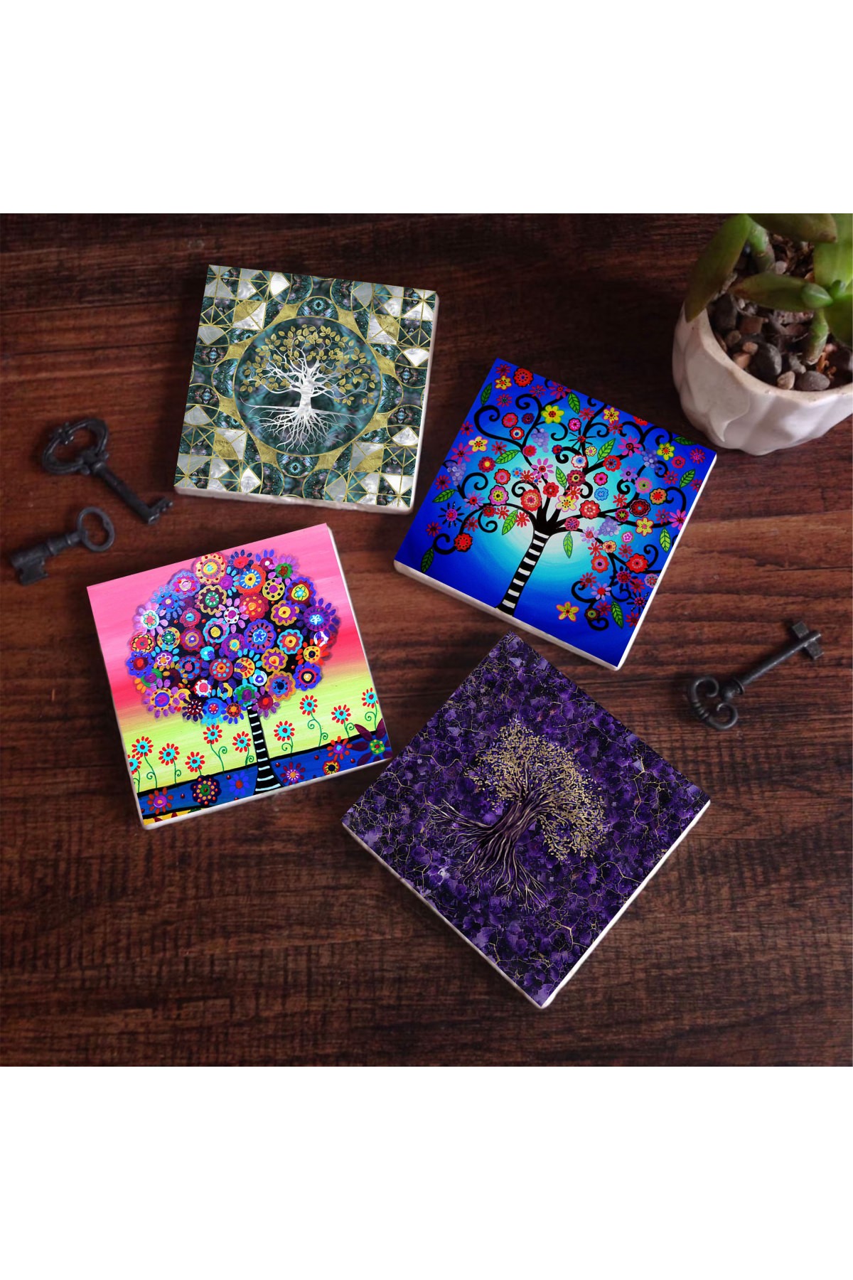 Tree of Life Stone Coasters Desktop Protective Coasters 4 Piece Set 10x10cm Stone Coasters