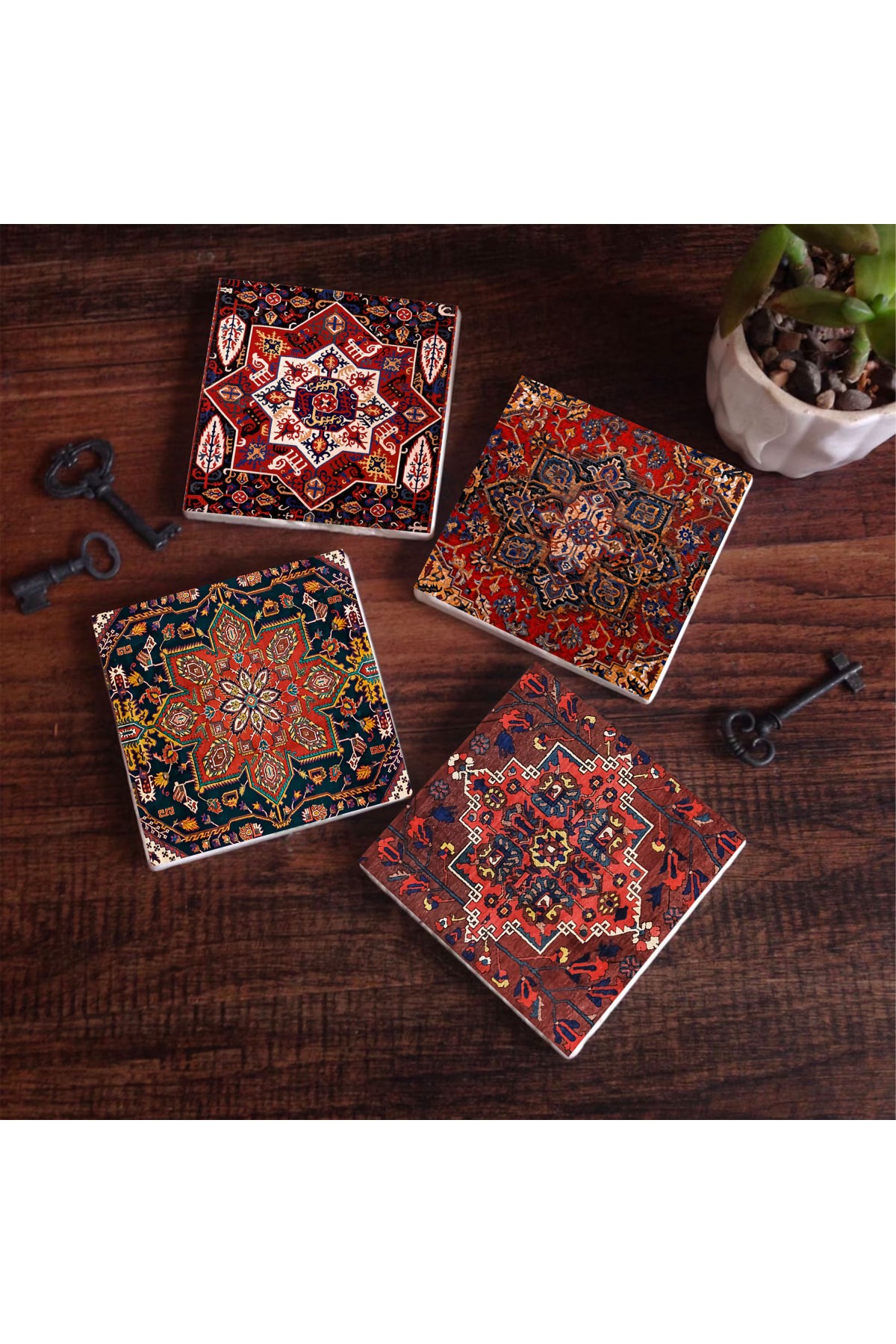 Desen Taş Bardak Altlığı Masaüstü Koruyucu Altlık 4 Parça Set 10x10cm Stone Coasters