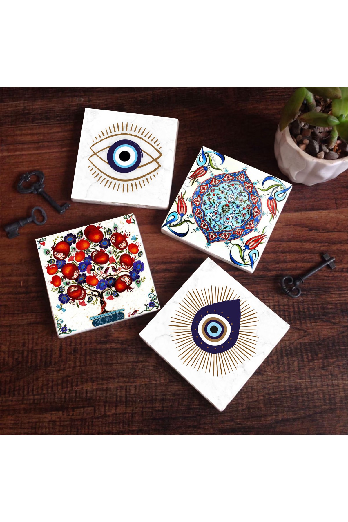 Evil Eye, Tile Art, Pomegranate Tree Stone Coasters Desktop Protective Coasters 4 Piece Set 10x10cm Stone Coasters