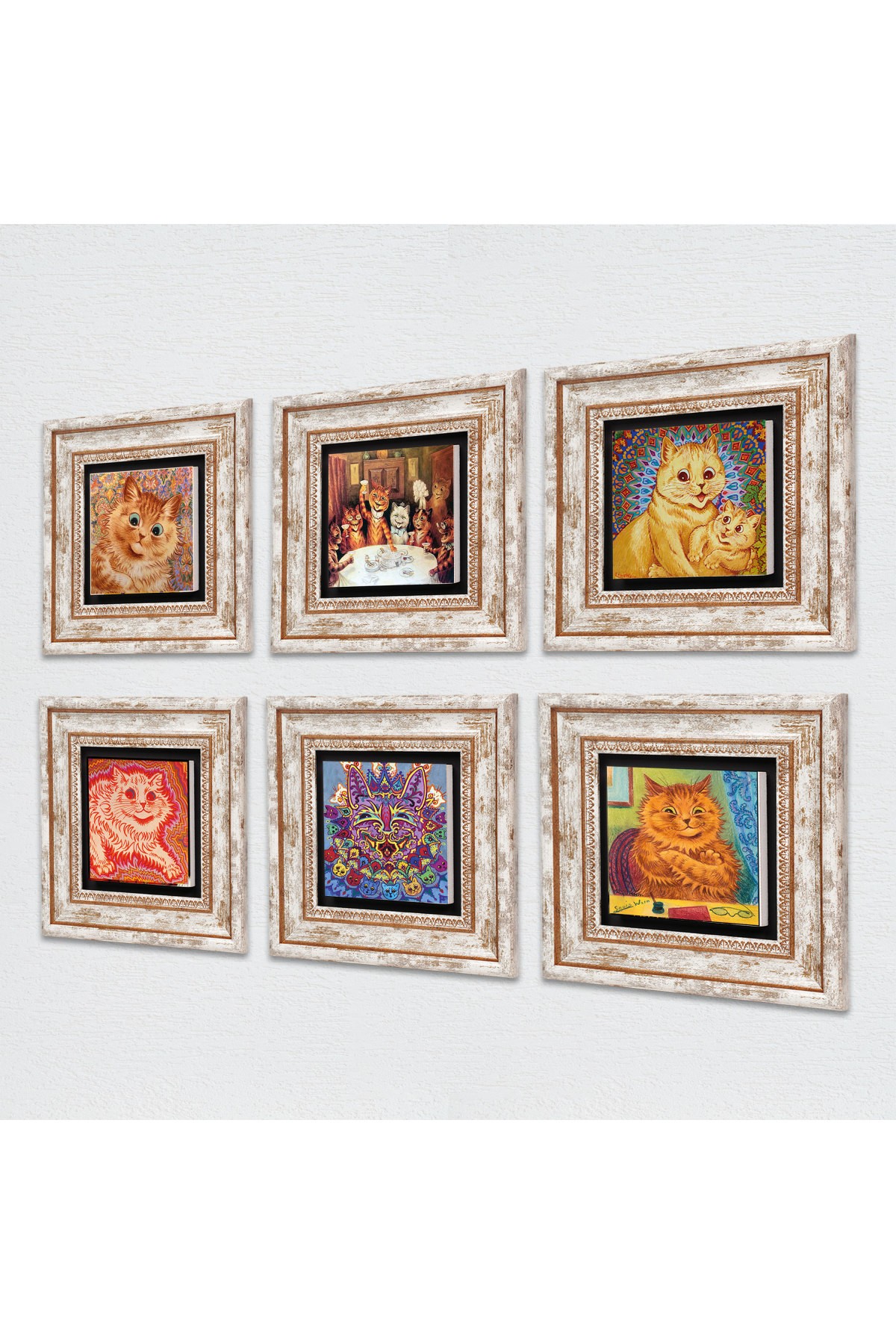 Louis Wain Kediler Taş Duvar Tablosu Çerçeveli Duvar Dekoru 6 Parça Tablo Seti Wall Art