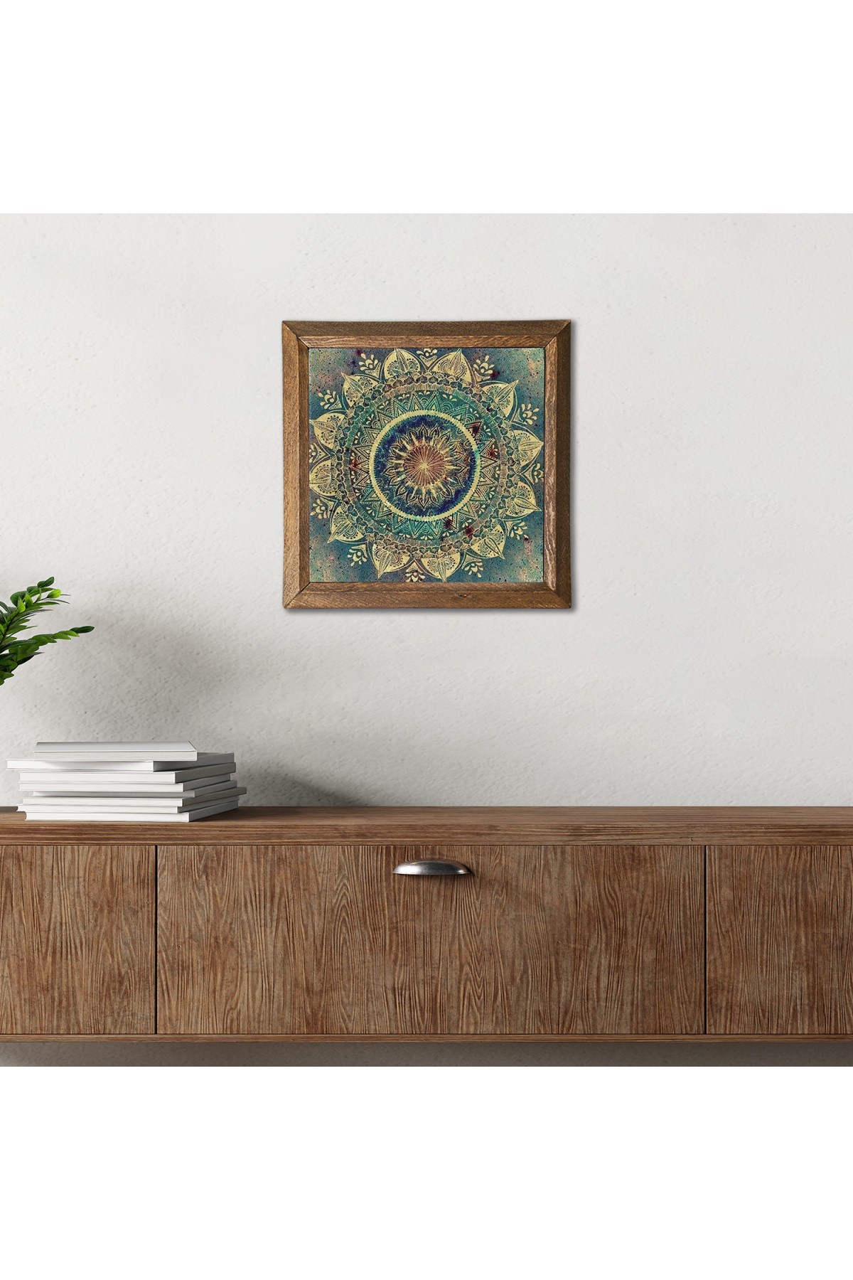 Mandala Taş Duvar Tablosu Ahşap Çerçeveli Duvar Dekoru Wall Art 25x25cm