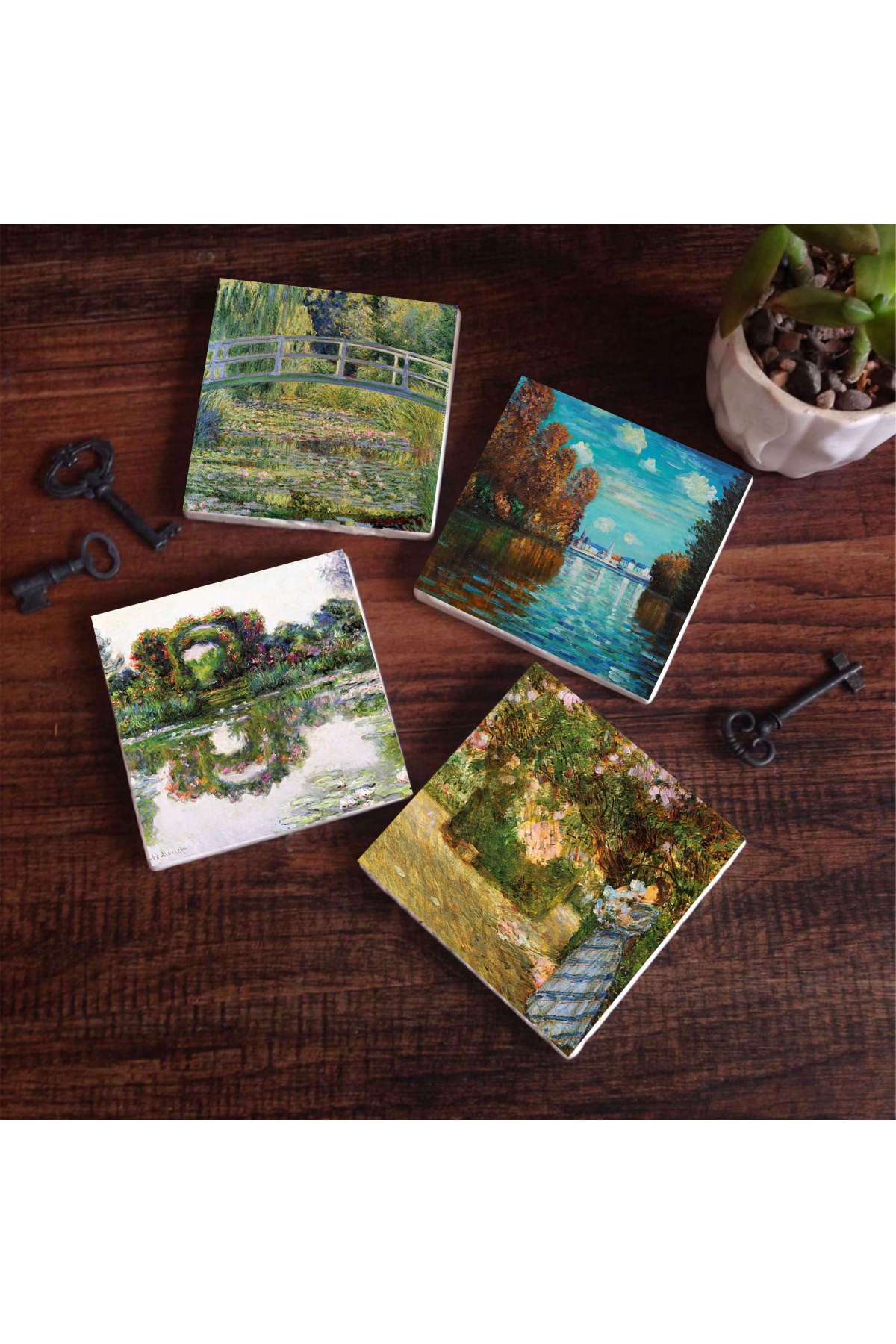 Claude Monet Sonbahar, Bahçede, Gül Çiçekli Kemer, Nilüfer Gölü Taş Bardak Altlığı Masaüstü Koruyucu Altlık 4 Parça Set 10x10cm Stone Coasters