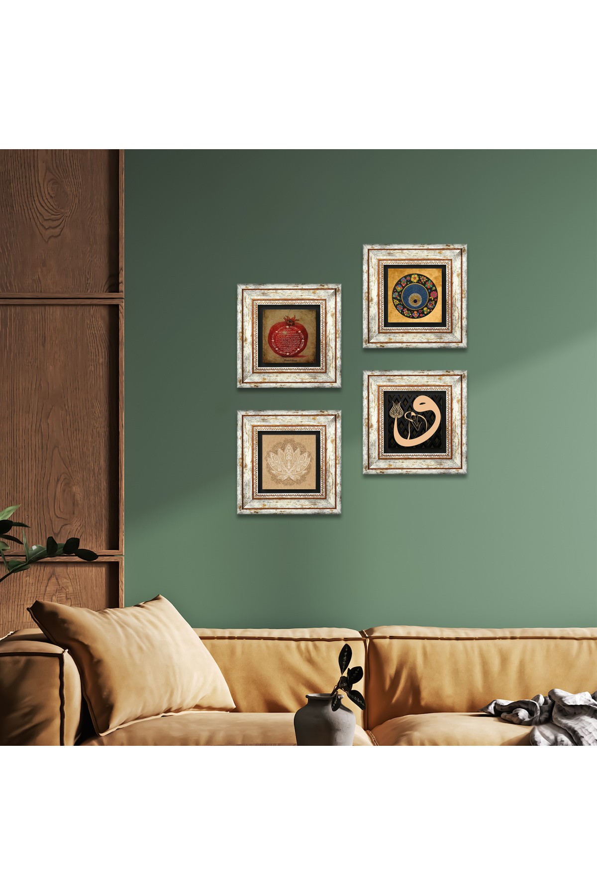 Lotus Çiçeği, Vav, Nazar, Bereket Duası Taş Duvar Tablosu Çerçeveli Duvar Dekoru 4 Parça Tablo Seti Wall Art