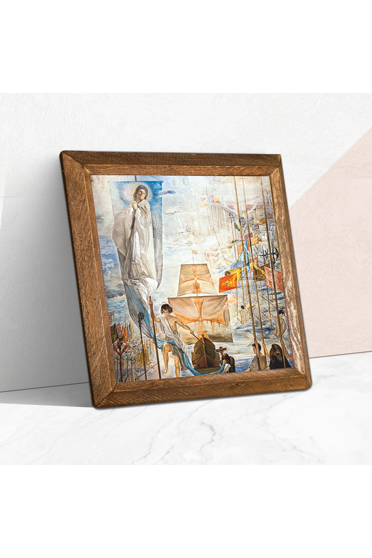 Salvador Dalí Discovery of America by Christopher Columbus Stone Wall Painting Wood Framed Wall Decoration Wall Art 25x25cm