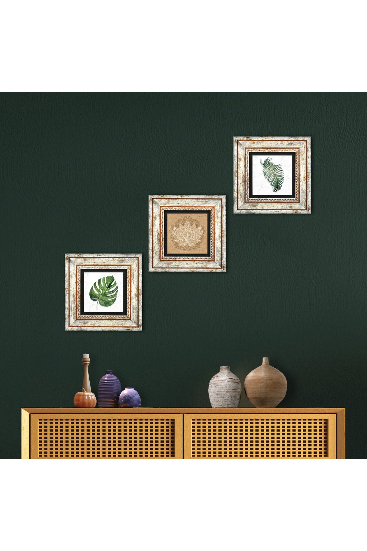 Yaprak, Lotus Çiçeği Taş Duvar Tablosu Çerçeveli Duvar Dekoru 3 Parça Tablo Seti Wall Art