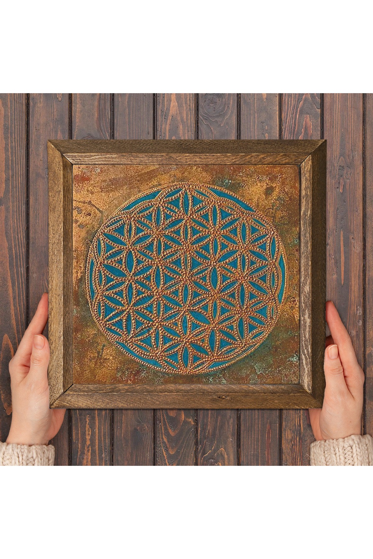 Flower of Life Stone Wall Painting Wooden Framed Wall Decoration Wall Art 25x25cm