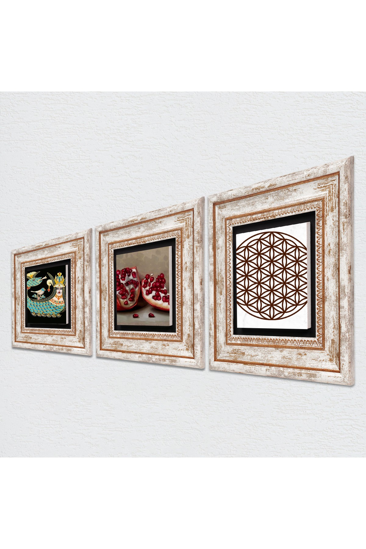 Flower of Life, Shahmaran, Pomegranate Stone Wall Painting Framed Wall Decor 3 Piece Painting Set Wall Art