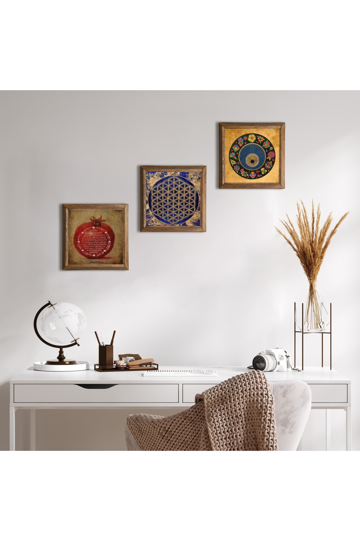 Yaşam Çiçeği, Nazar Boncuğu, Bereket Duası Taş Duvar Tablosu Ahşap Çerçeveli Duvar Dekoru 3 Parça Tablo Seti Wall Art