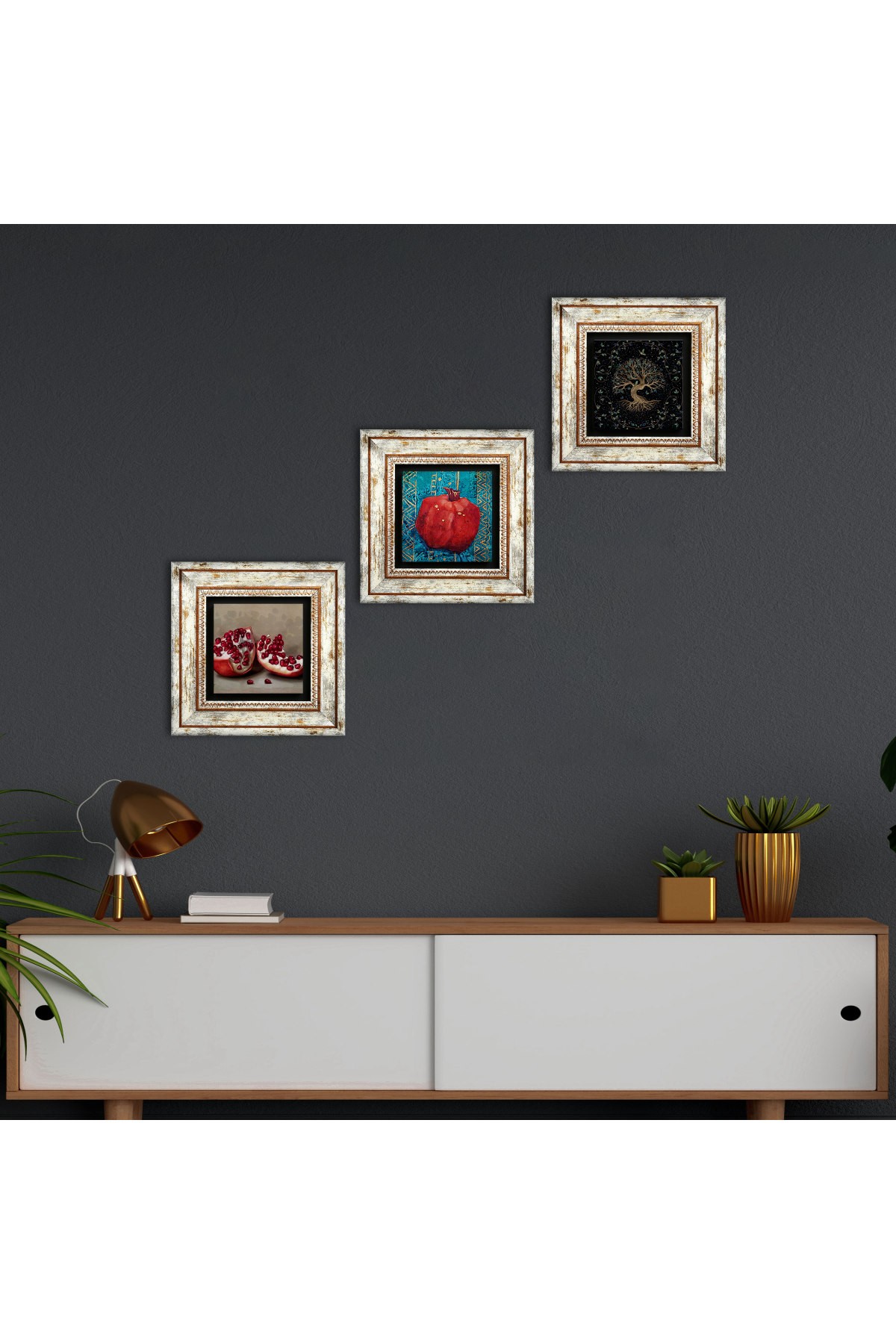 Hayat Ağacı, Nar Taş Duvar Tablosu Çerçeveli Duvar Dekoru 3 Parça Tablo Seti Wall Art