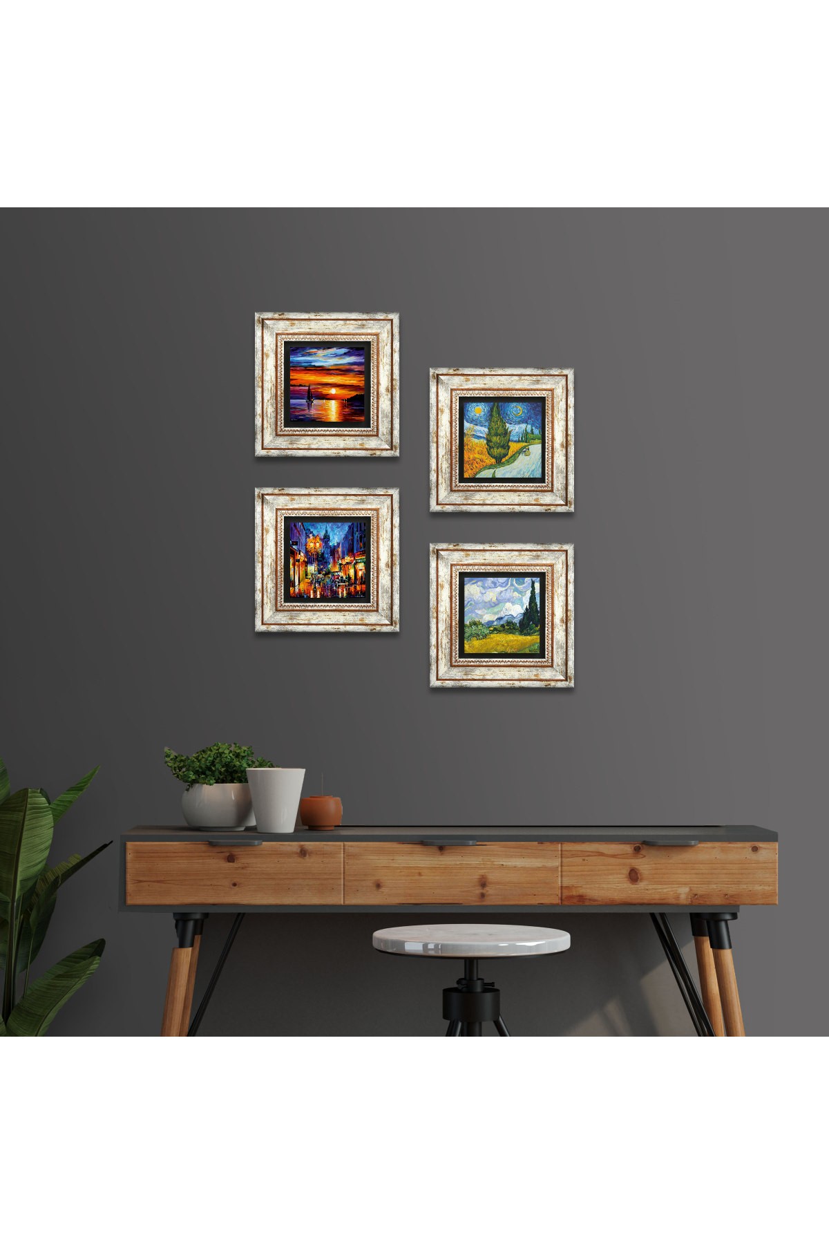 Van Gogh, Seascape, Street View Stone Wall Painting Framed Wall Decor 4 Piece Painting Set Wall Art