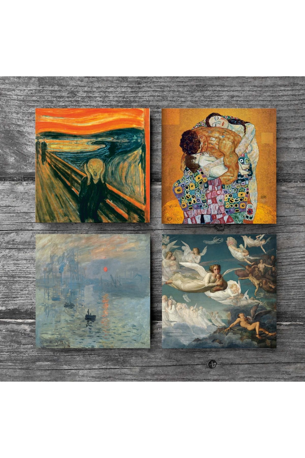 Monet Gün Doğumu, Çığlık, Klimt Aile Kucaklama, Ruhların Geçişi Taş Bardak Altlığı Masaüstü Koruyucu Altlık 4 Parça Set 10x10cm Stone Coasters