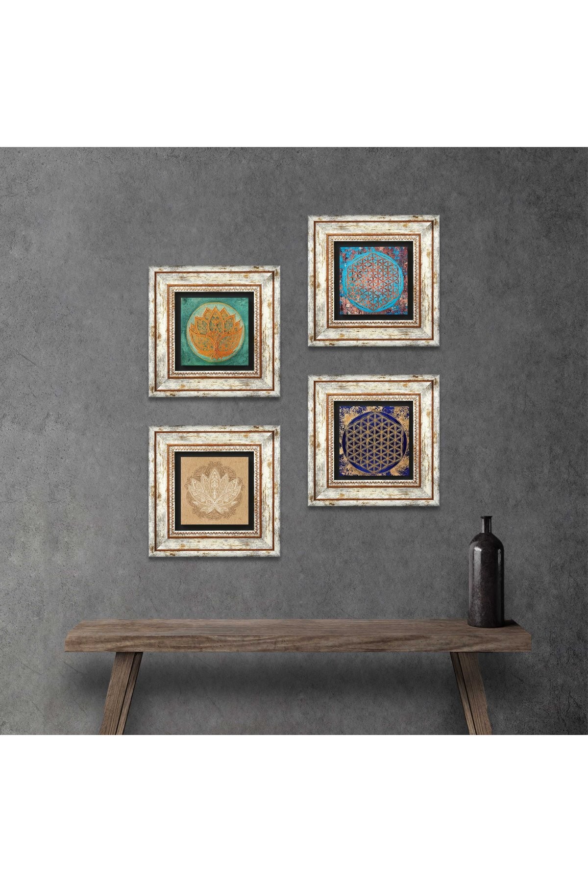 Lotus Çiçeği, Yaşam Çiçeği Taş Duvar Tablosu Çerçeveli Duvar Dekoru 4 Parça Tablo Seti Wall Art