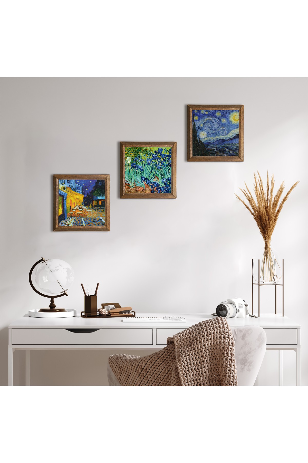 Van Gogh Kafe Terasta Gece, İrisler, Yıldızlı Gece Taş Duvar Tablosu Ahşap Çerçeveli Duvar Dekoru 3 Parça Tablo Seti Wall Art