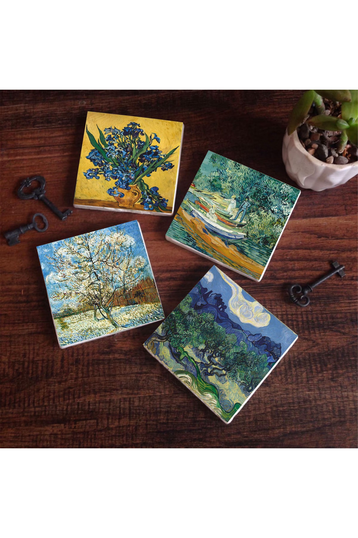 Van Gogh Zeytin Ağaçları, Şeftali Ağacı, Süsenler, Oise Bankası Taş Bardak Altlığı Masaüstü Koruyucu Altlık 4 Parça Set 10x10cm Stone Coasters