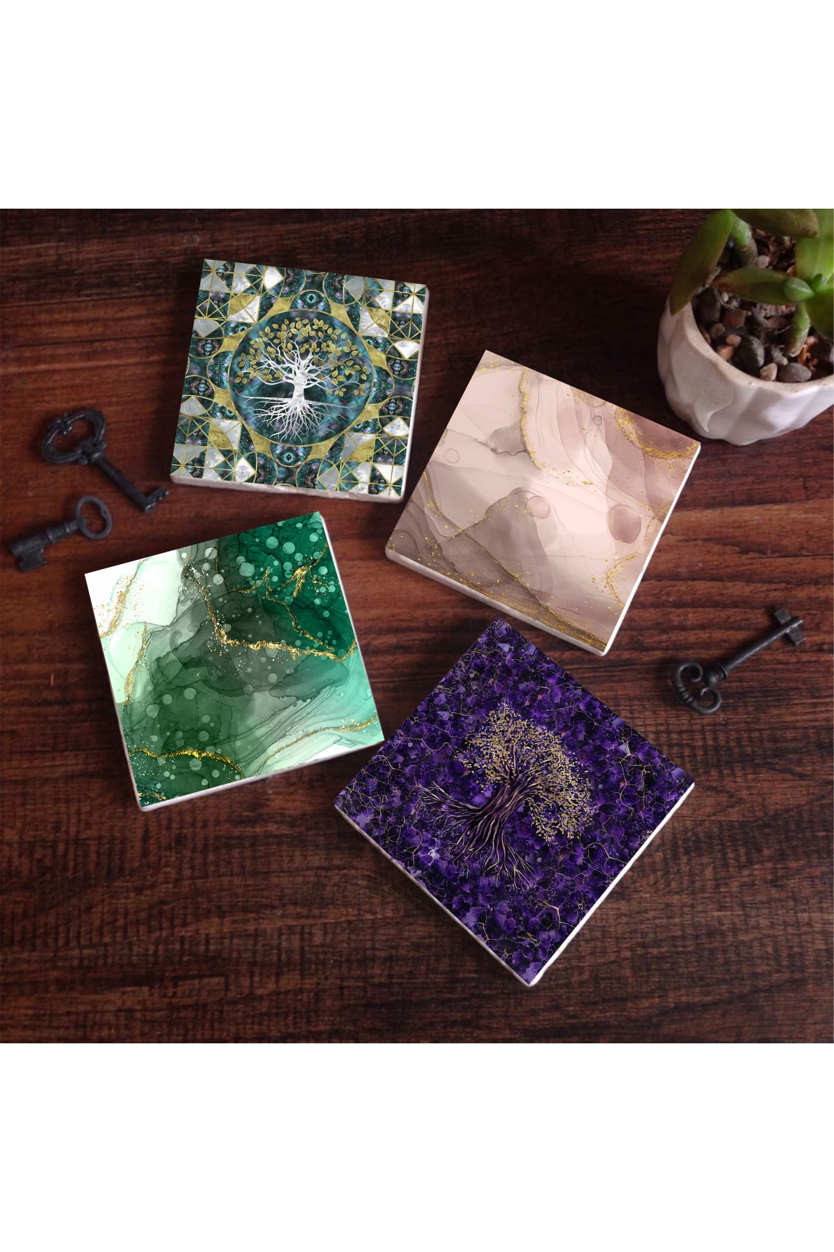 Tree of Life, Abstract Art Stone Coasters Desktop Protective Coasters 4 Piece Set 10x10cm Stone Coasters