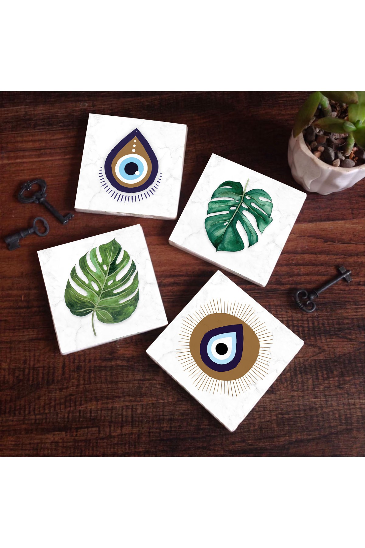 Evil Eye, Leaf Stone Coasters Desktop Protective Coasters 4 Piece Set 10x10cm Stone Coasters