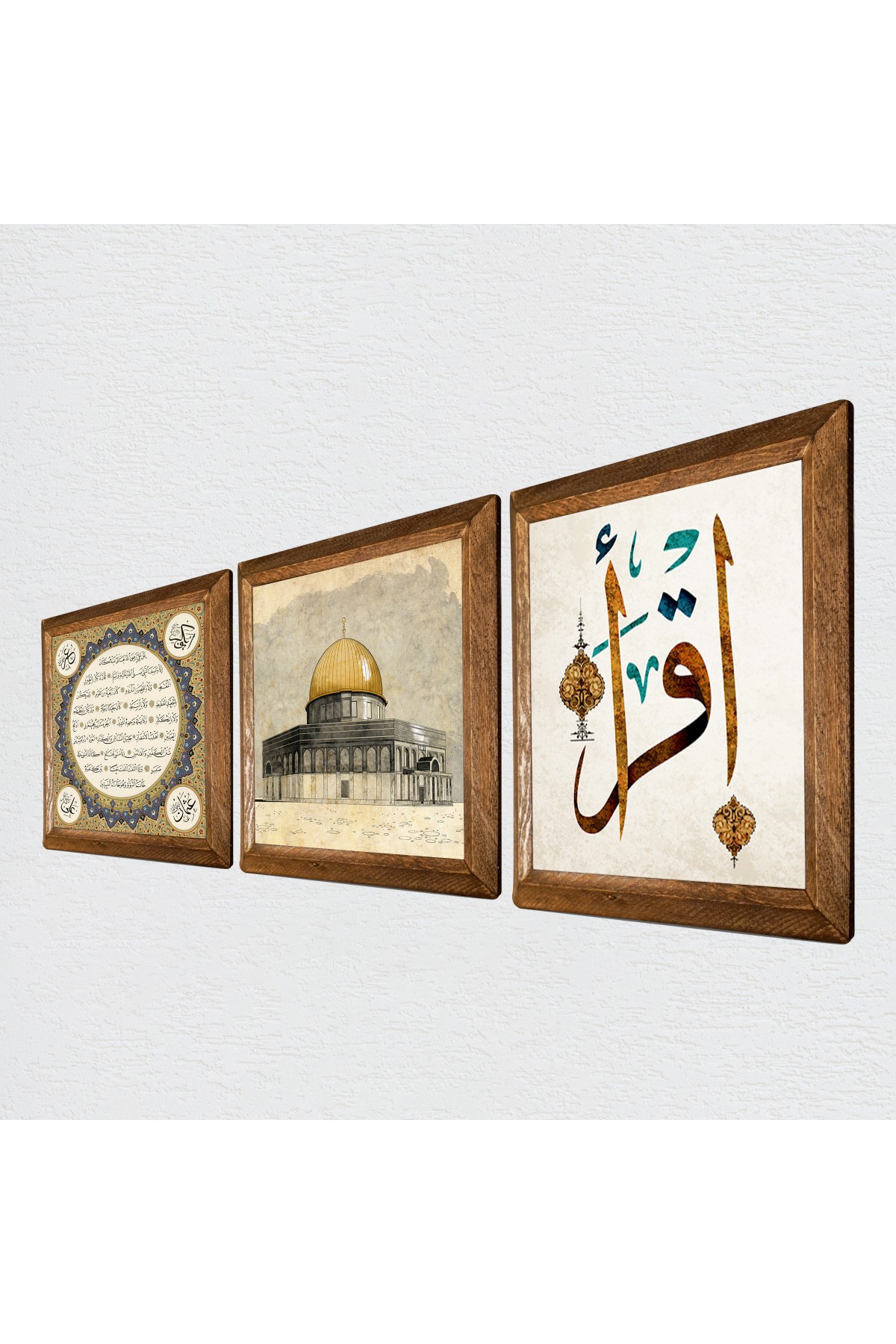 Masjid al-Aqsa, First Verse 'Read', Hilye-i Sharif Stone Wall Painting Wooden Framed Wall Decor 3 Piece Painting Set Wall Art