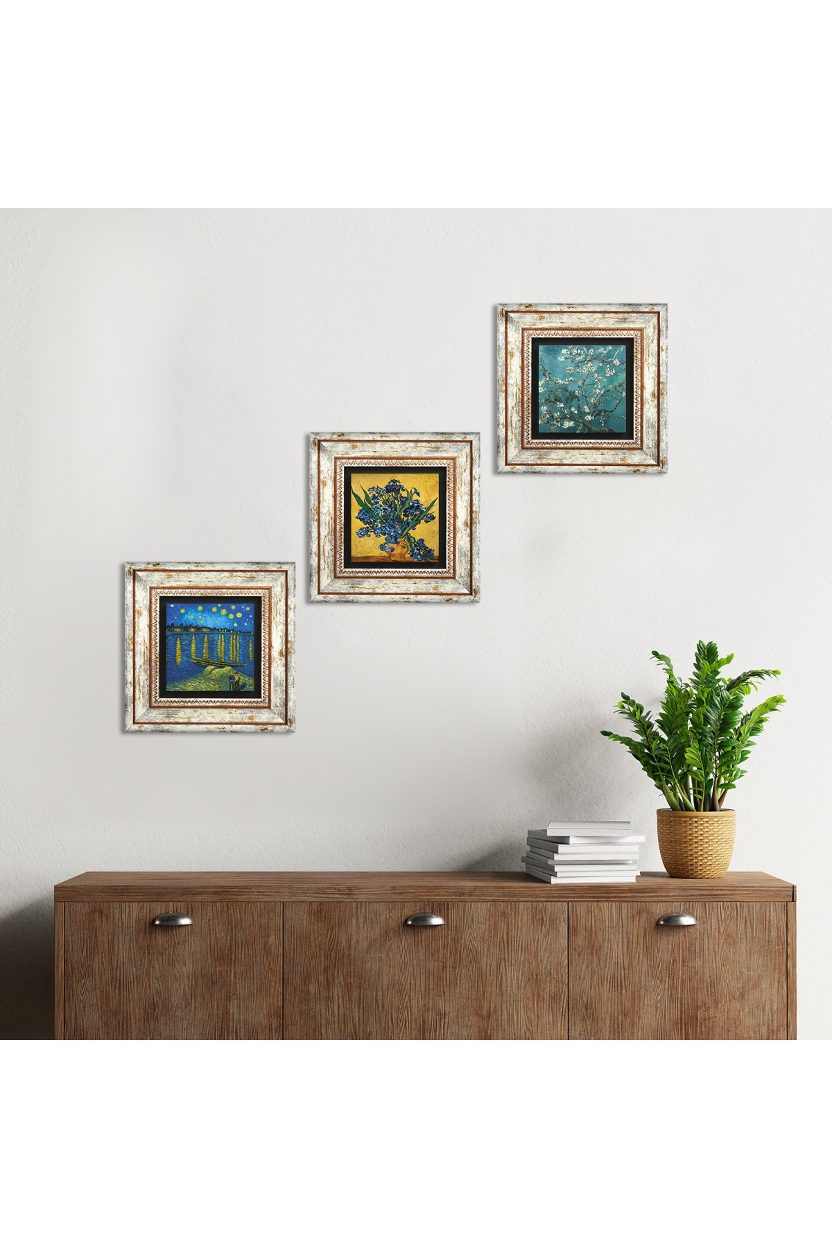 Van Gogh Ren Nehri, Süsenler, Badem Ağacı Taş Duvar Tablosu Çerçeveli Duvar Dekoru 3 Parça Tablo Seti Wall Art