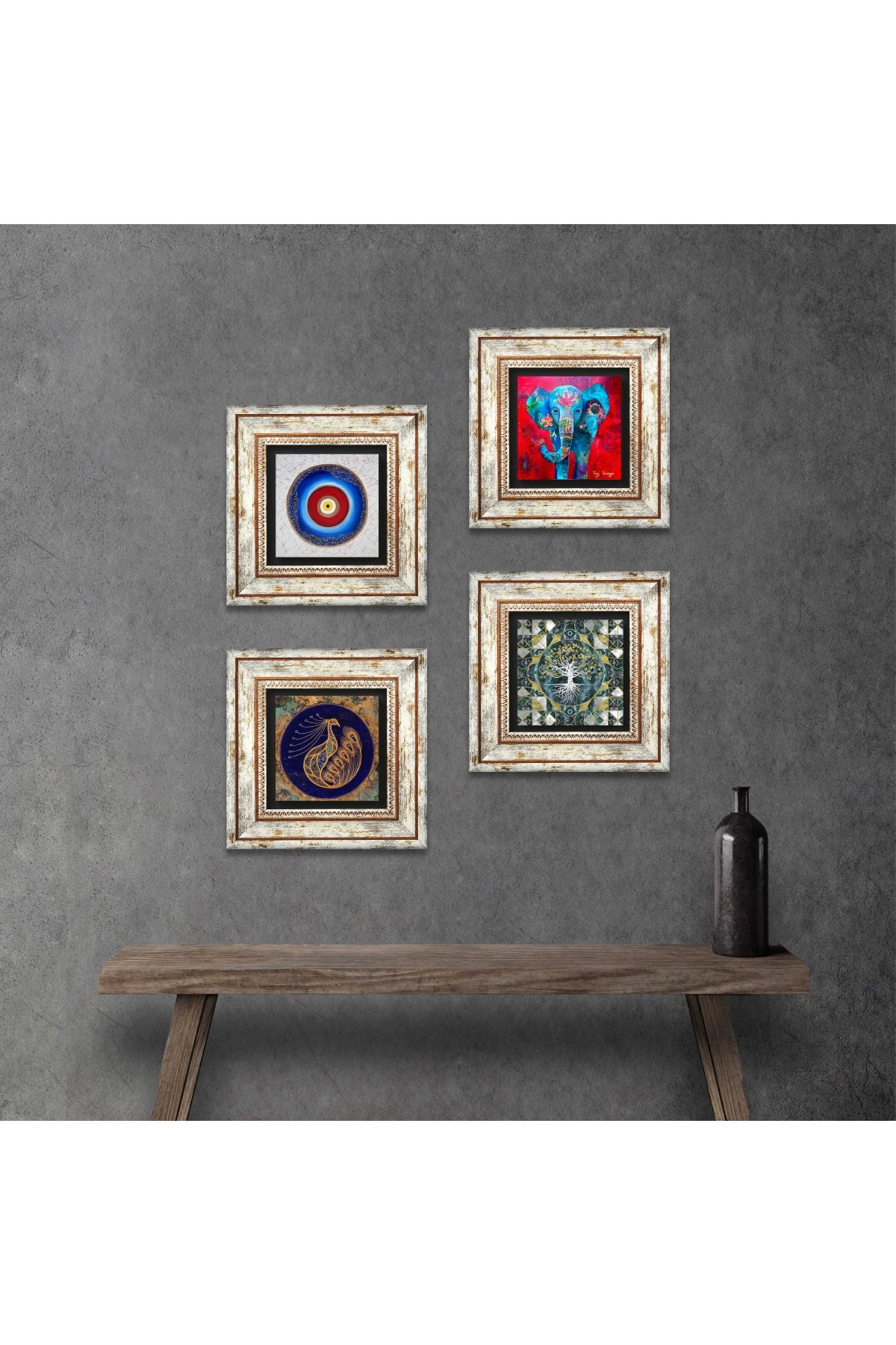 Evil Eye, Tree of Life, Elephant, Peacock Stone Wall Painting Framed Wall Decor 4 Piece Painting Set Wall Art