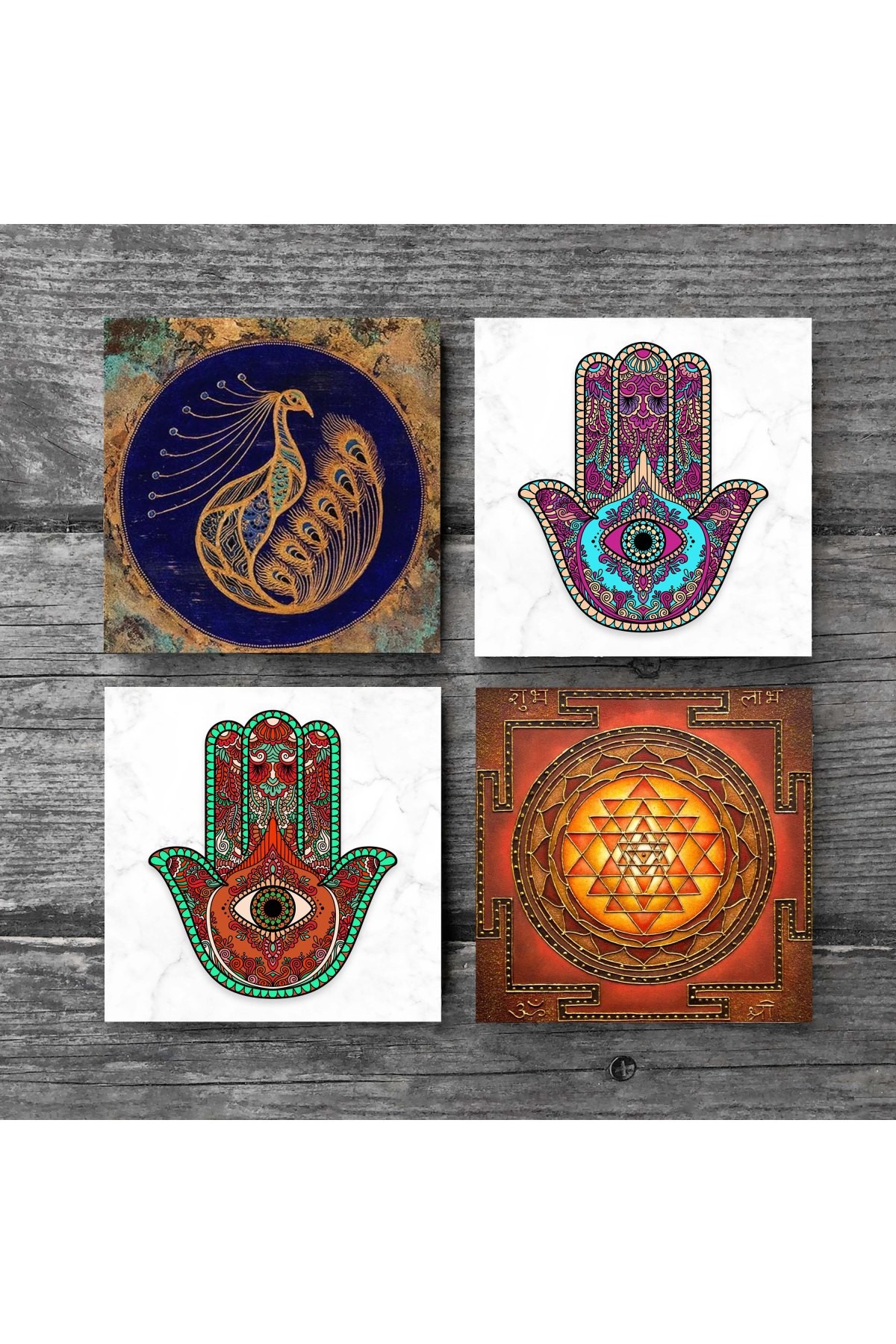 Peacock, Sri Yantra, Hand of Fatma (Hamsa) Stone Coasters Desktop Protective Coasters 4 Piece Set 10x10cm Stone Coasters