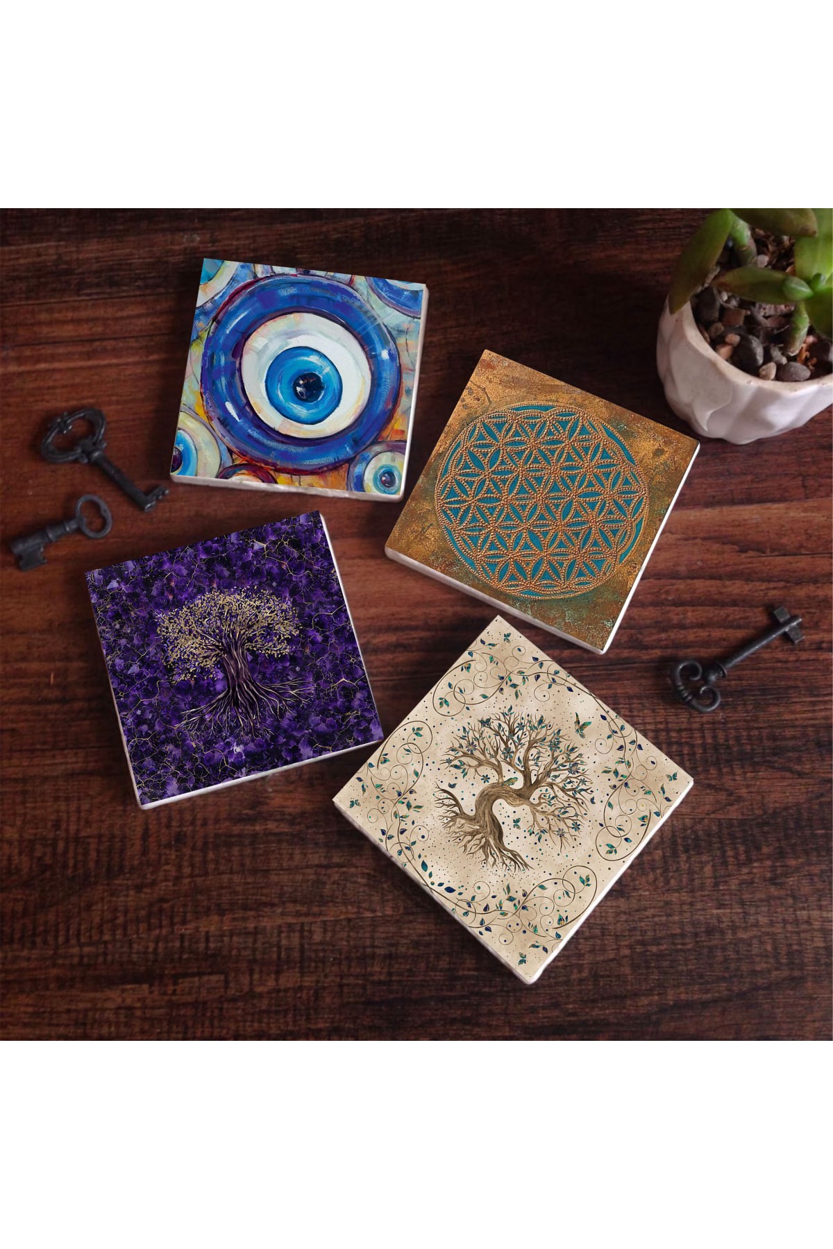 Nazar, Yaşam Çiçeği, Hayat Ağacı Taş Bardak Altlığı Masaüstü Koruyucu Altlık 4 Parça Set 10x10cm Stone Coasters