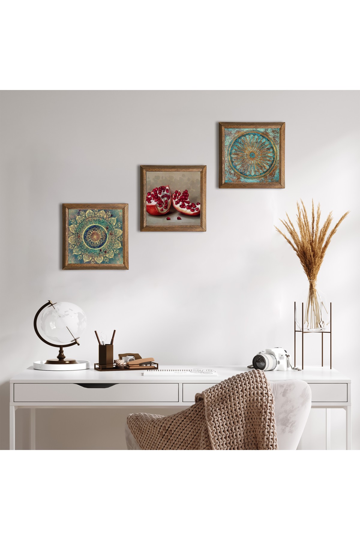 Mandala, Flower of Life, Pomegranate Stone Wall Painting Wooden Framed Wall Decor 3 Piece Painting Set Wall Art