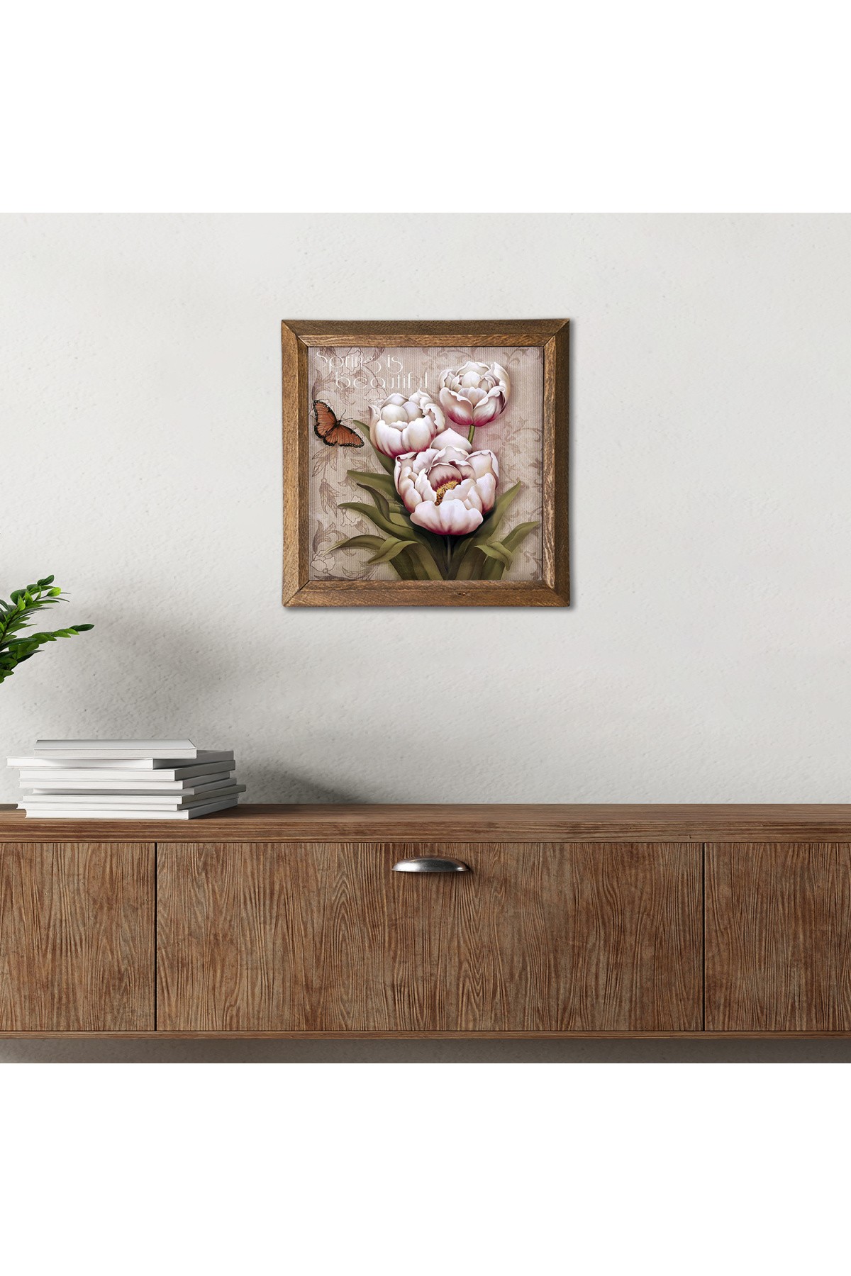 Butterfly Flower Stone Wall Painting Wooden Framed Wall Decor Wall Art 25x25cm