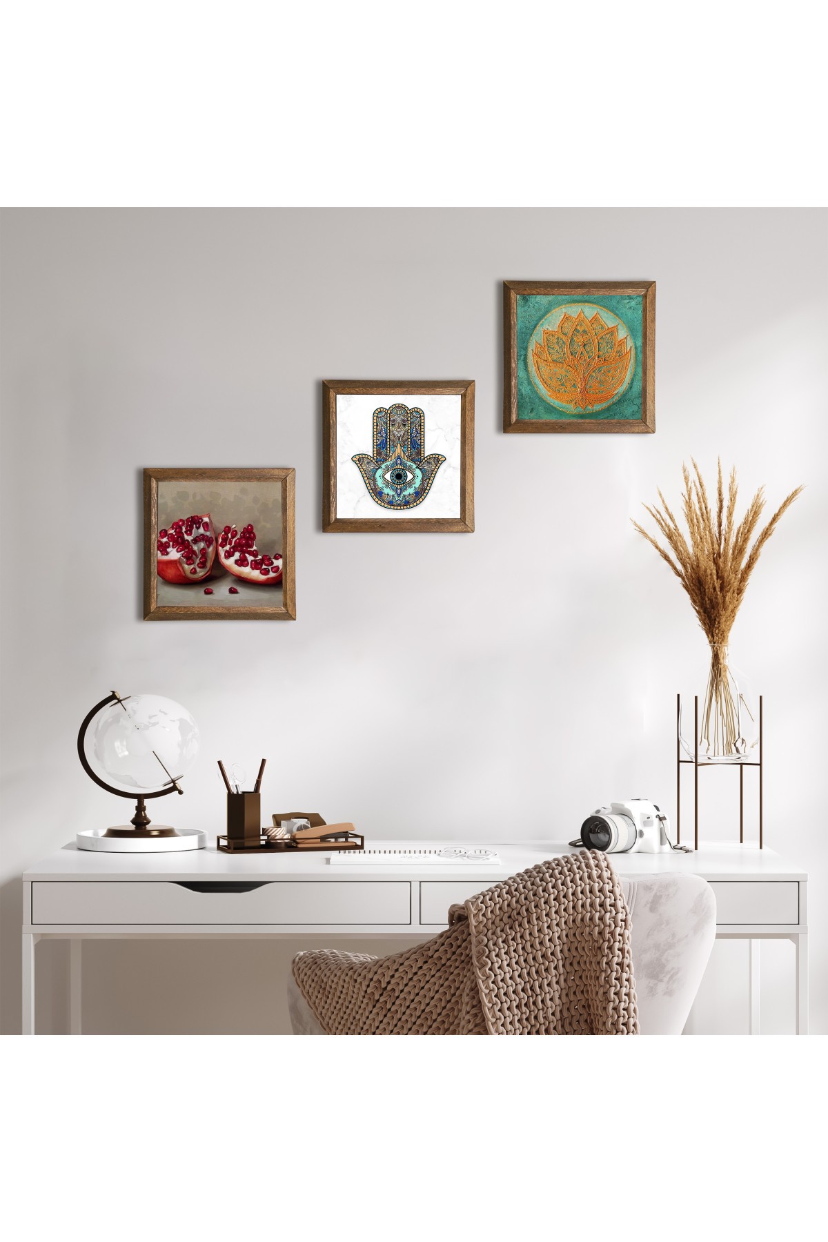 Lotus Çiçeği, Nar, Fatma Ana Eli (Hamsa) Taş Duvar Tablosu Ahşap Çerçeveli Duvar Dekoru 3 Parça Tablo Seti Wall Art