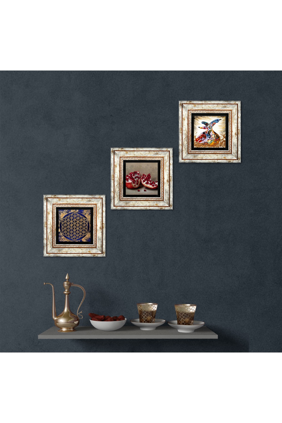 Yaşam Çiçeği, Semazen, Nar Taş Duvar Tablosu Çerçeveli Duvar Dekoru 3 Parça Tablo Seti Wall Art