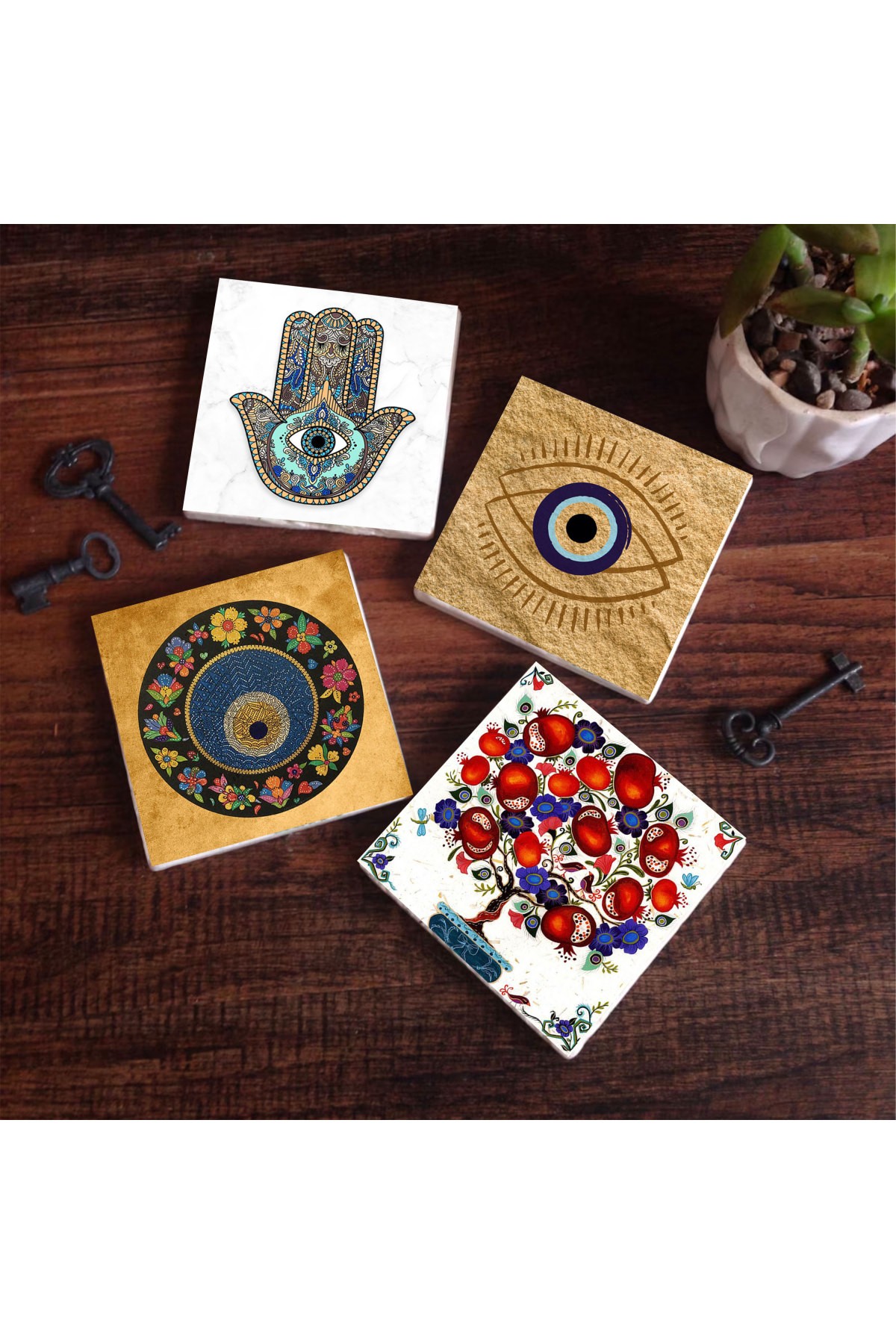 Nazar, Nar Ağacı, Fatma Ana Eli (Hamsa) Taş Bardak Altlığı Masaüstü Koruyucu Altlık 4 Parça Set 10x10cm Stone Coasters