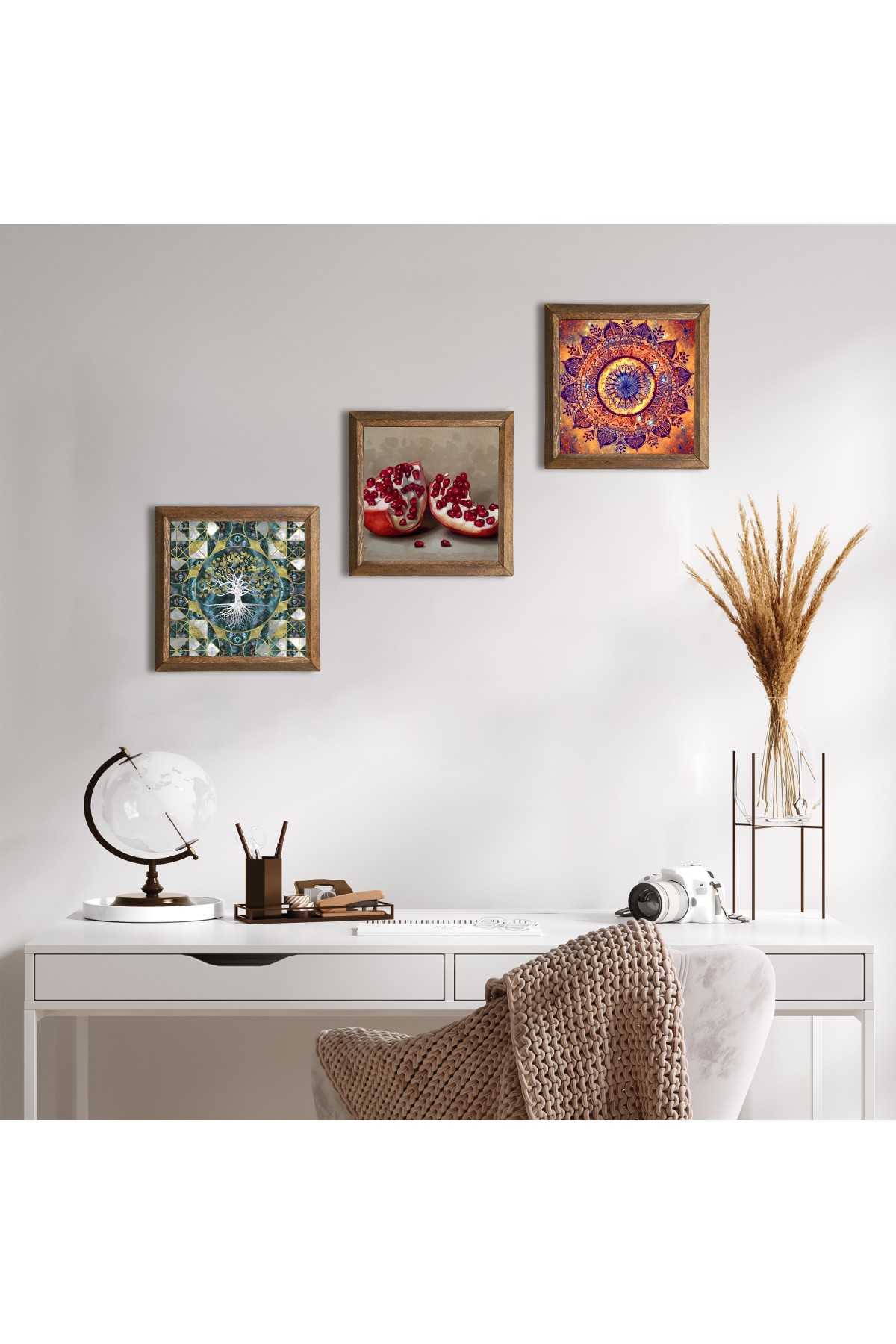 Hayat Ağacı, Mandala, Nar Taş Duvar Tablosu Ahşap Çerçeveli Duvar Dekoru 3 Parça Tablo Seti Wall Art