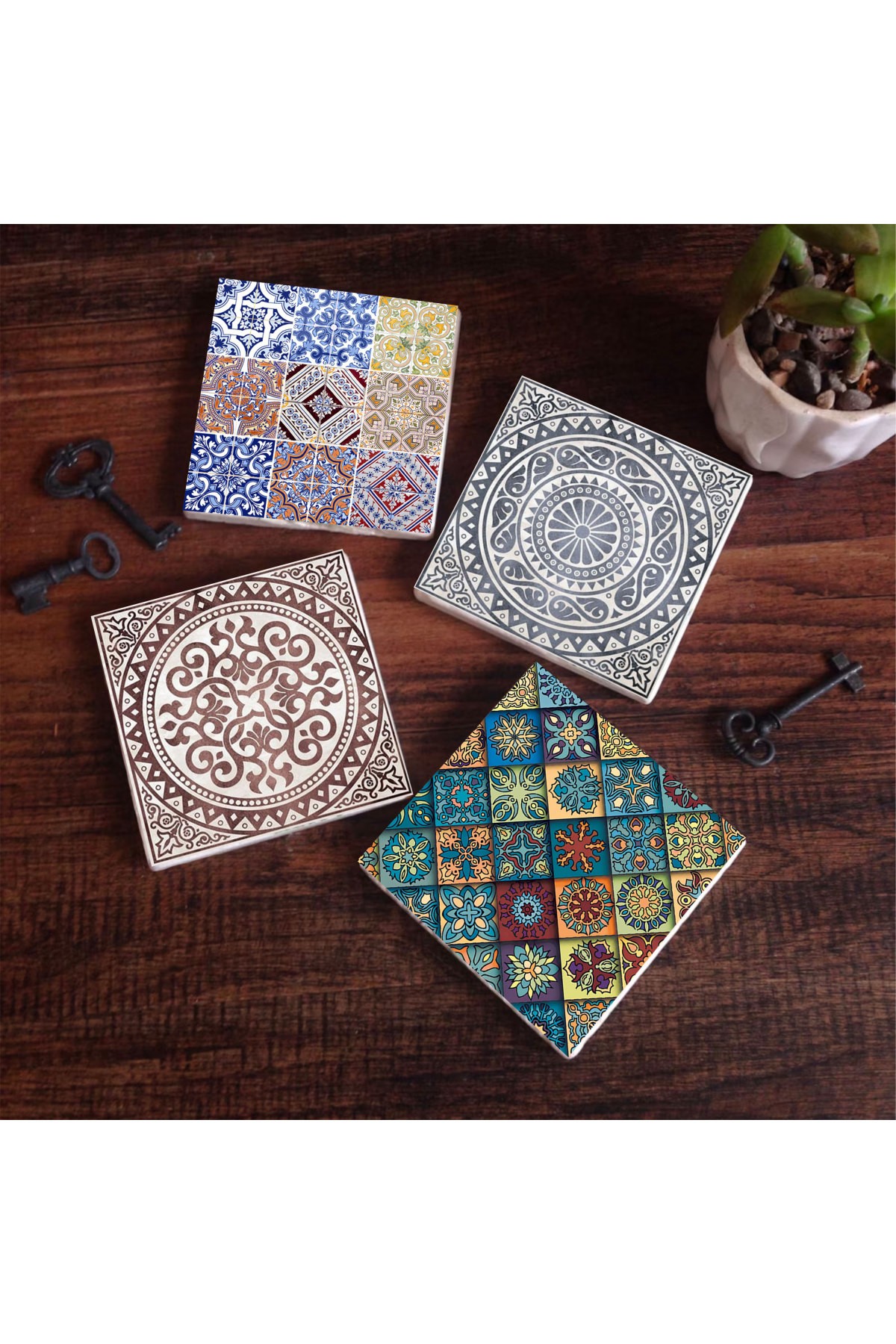 Etnik Desen Taş Bardak Altlığı Masaüstü Koruyucu Altlık 4 Parça Set 10x10cm Stone Coasters