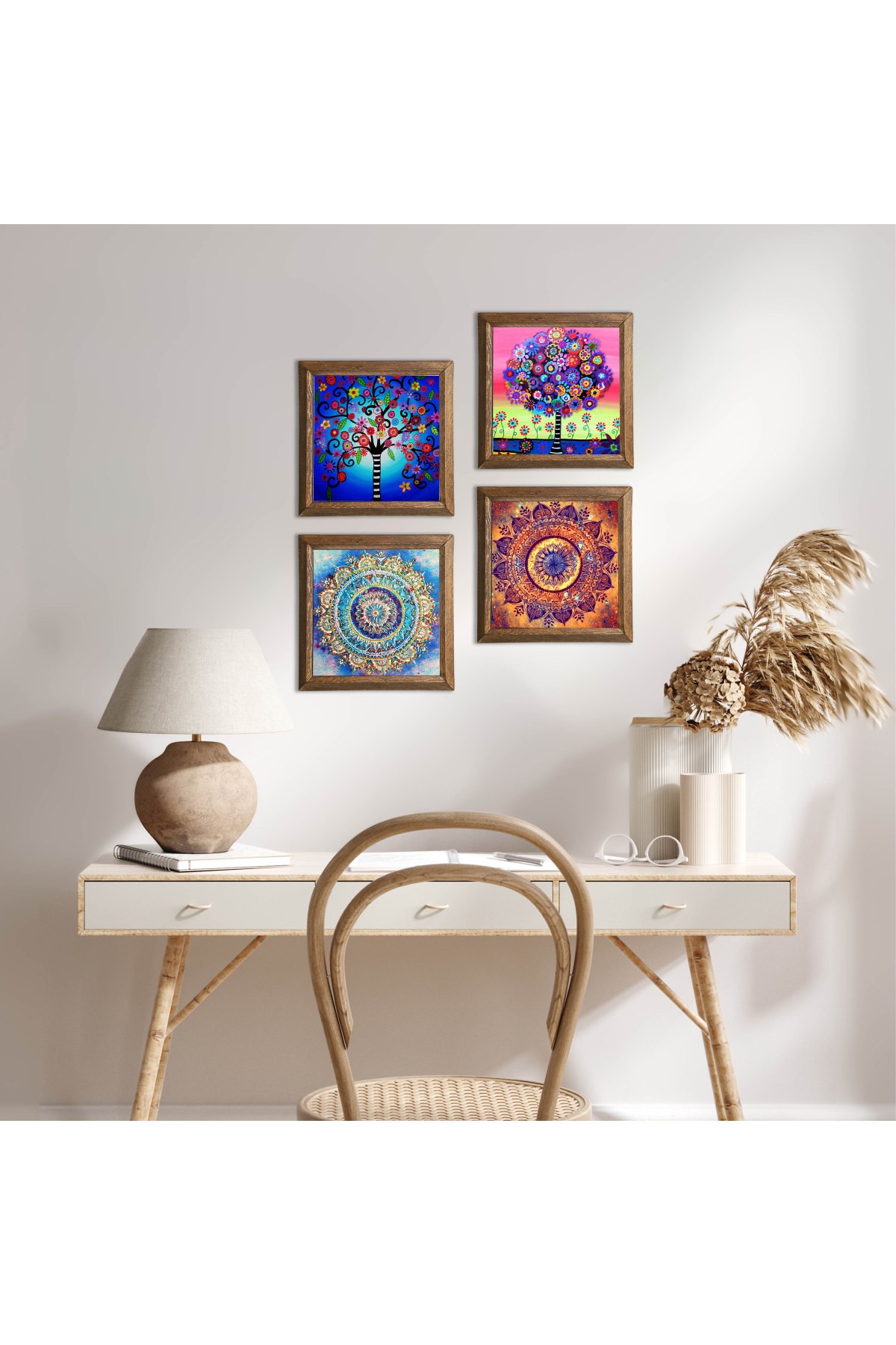 Mandala, Hayat Ağacı Taş Duvar Tablosu Ahşap Çerçeveli Duvar Dekoru 4 Parça Tablo Seti Wall Art