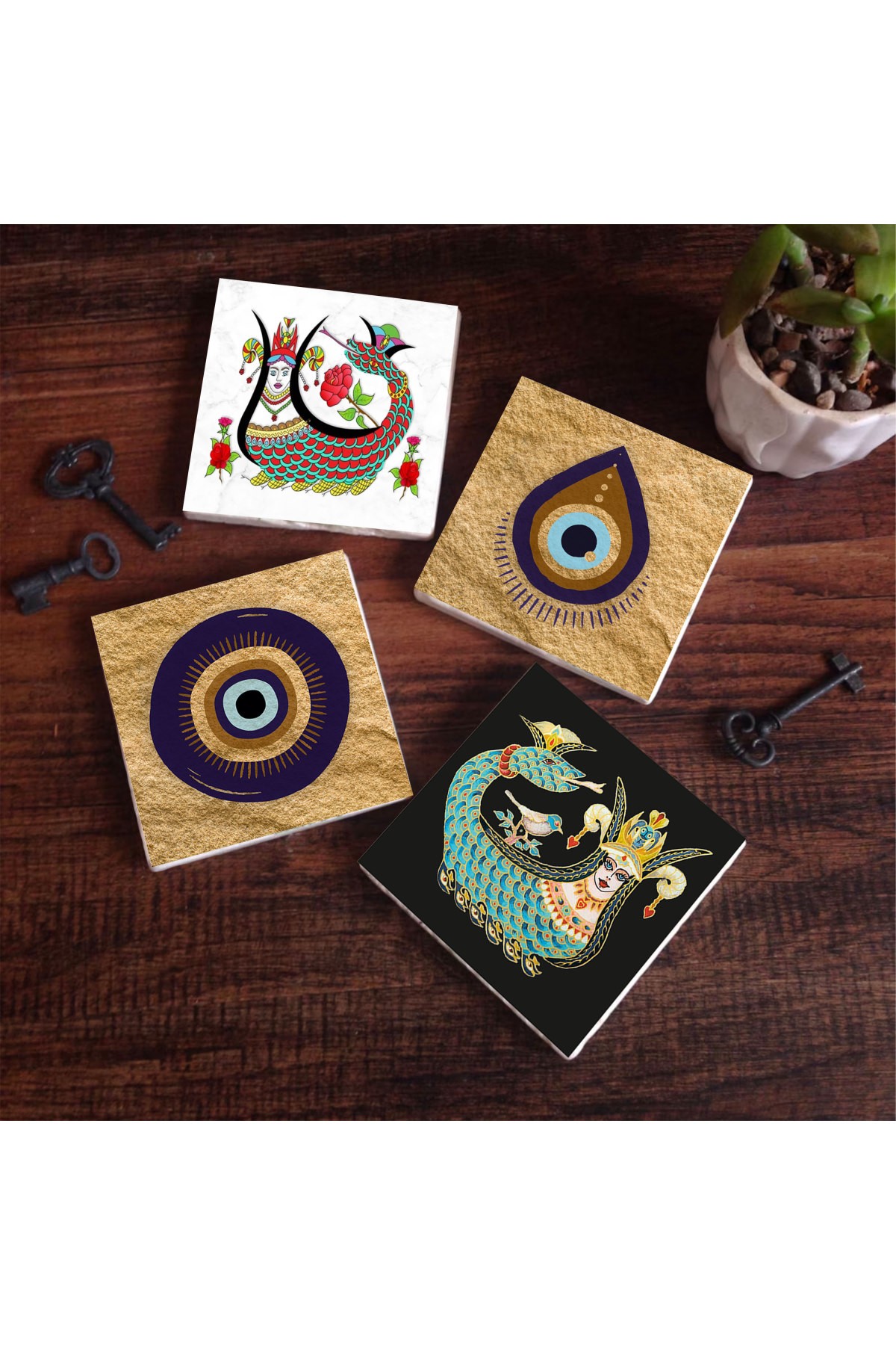 Evil Eye, Shahmeran Stone Coaster Desktop Protective Coaster 4 Piece Set 10x10cm Stone Coasters